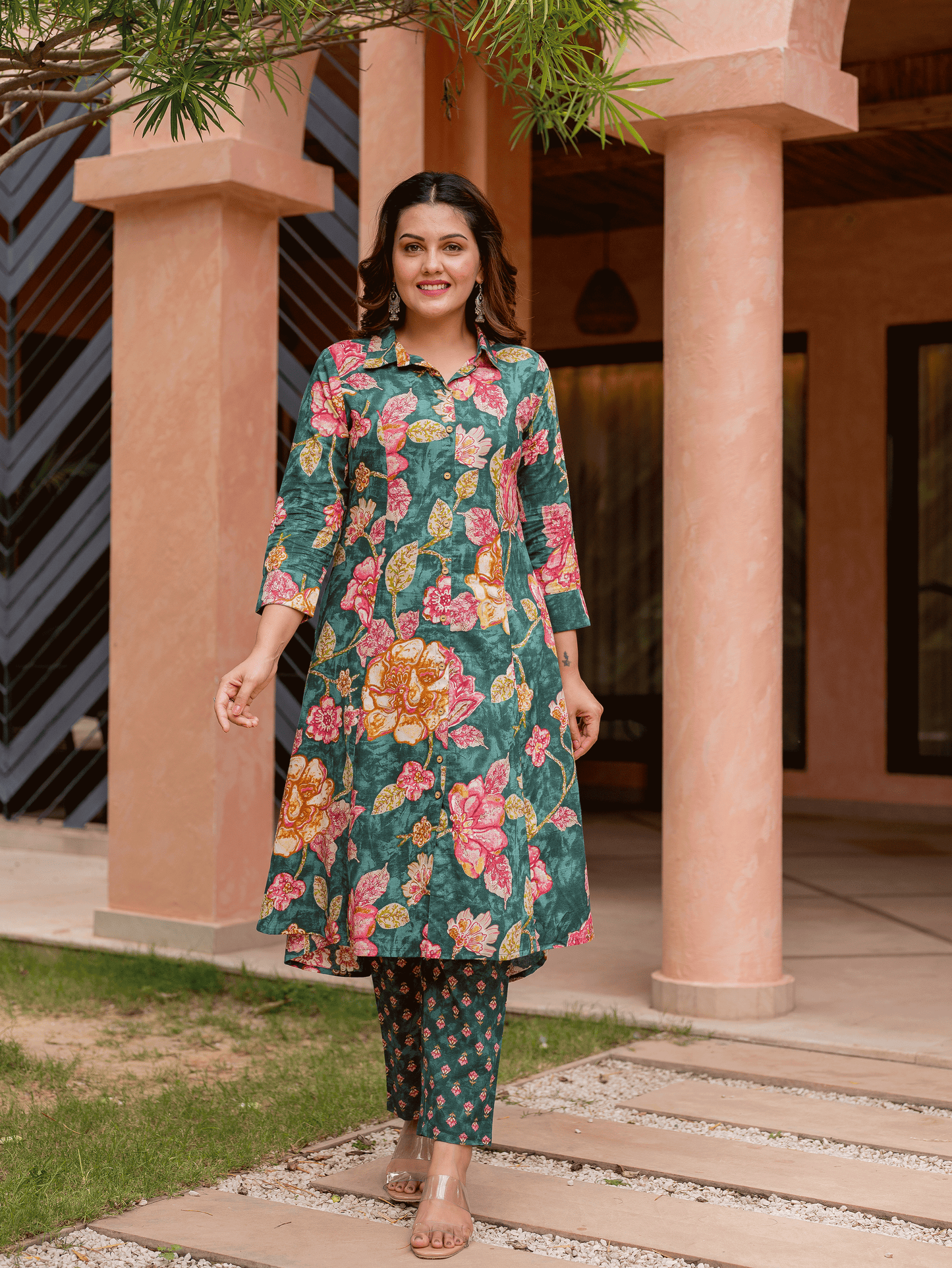 Soft Cotton Floral High Low Green Kurta