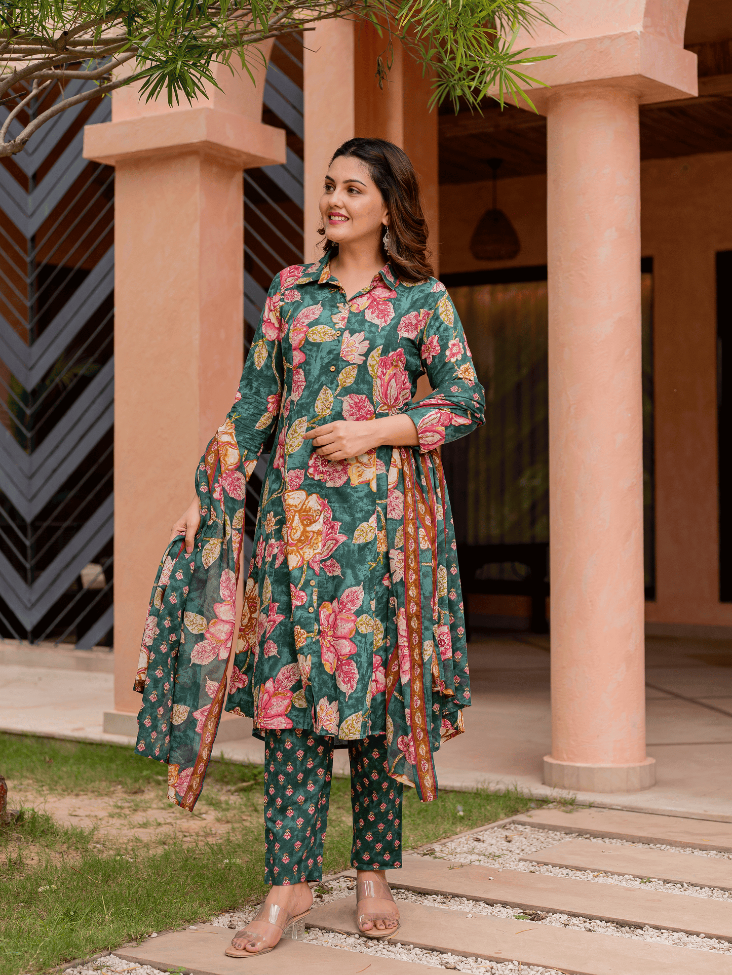 Soft Cotton Floral High Low Green Kurta