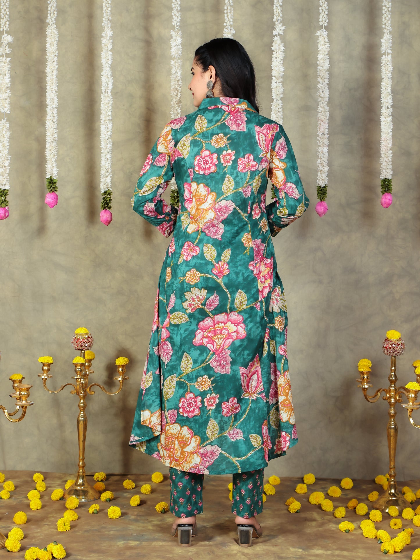 Soft Cotton Floral High Low Green Kurta