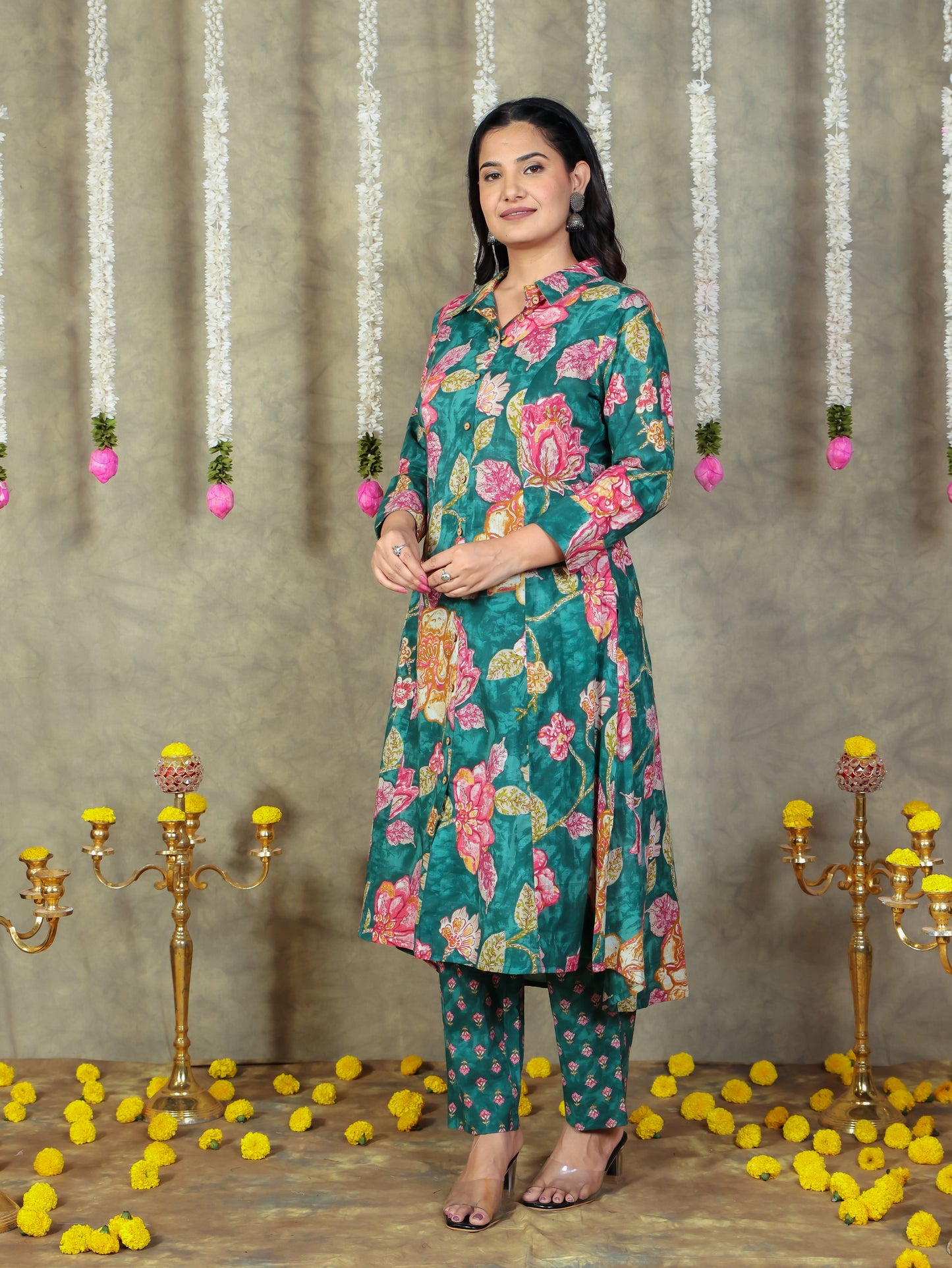 Soft Cotton Floral High Low Green Kurta