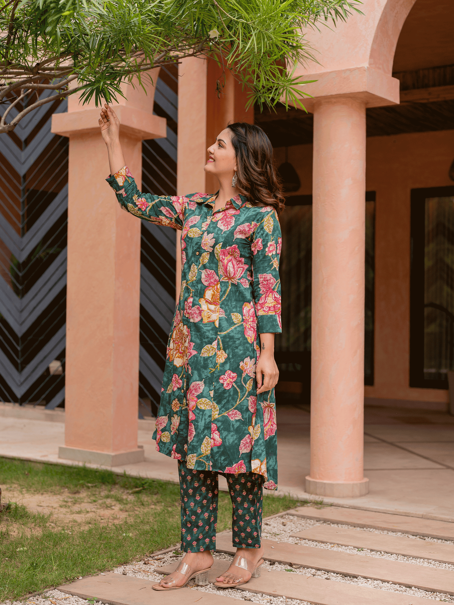 Soft Cotton Floral High Low Green Kurta