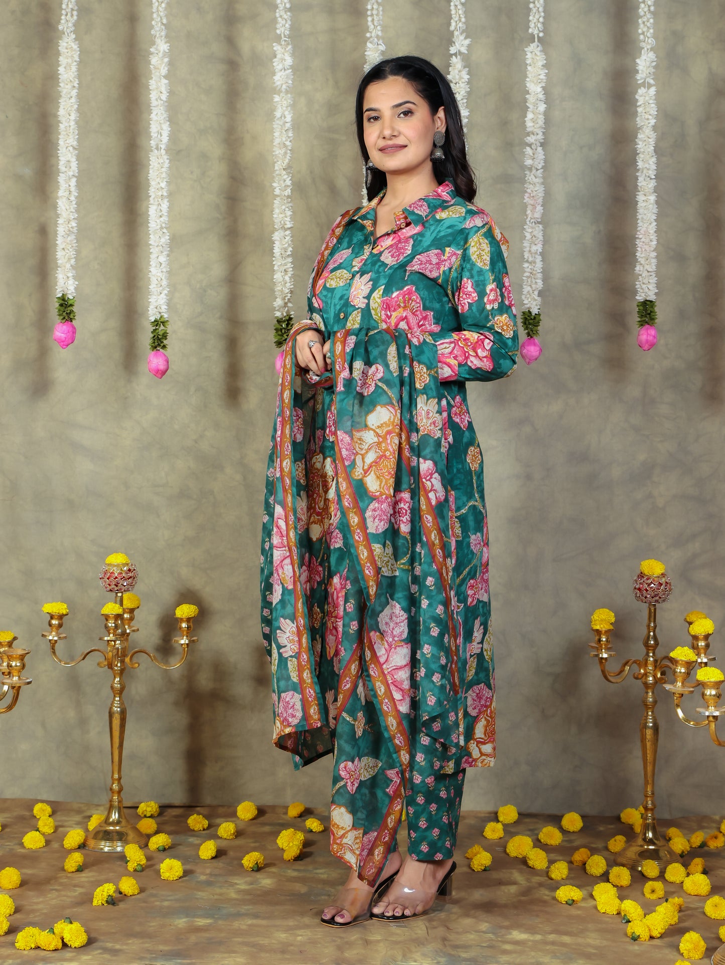 Soft Cotton Floral High Low Green Kurta