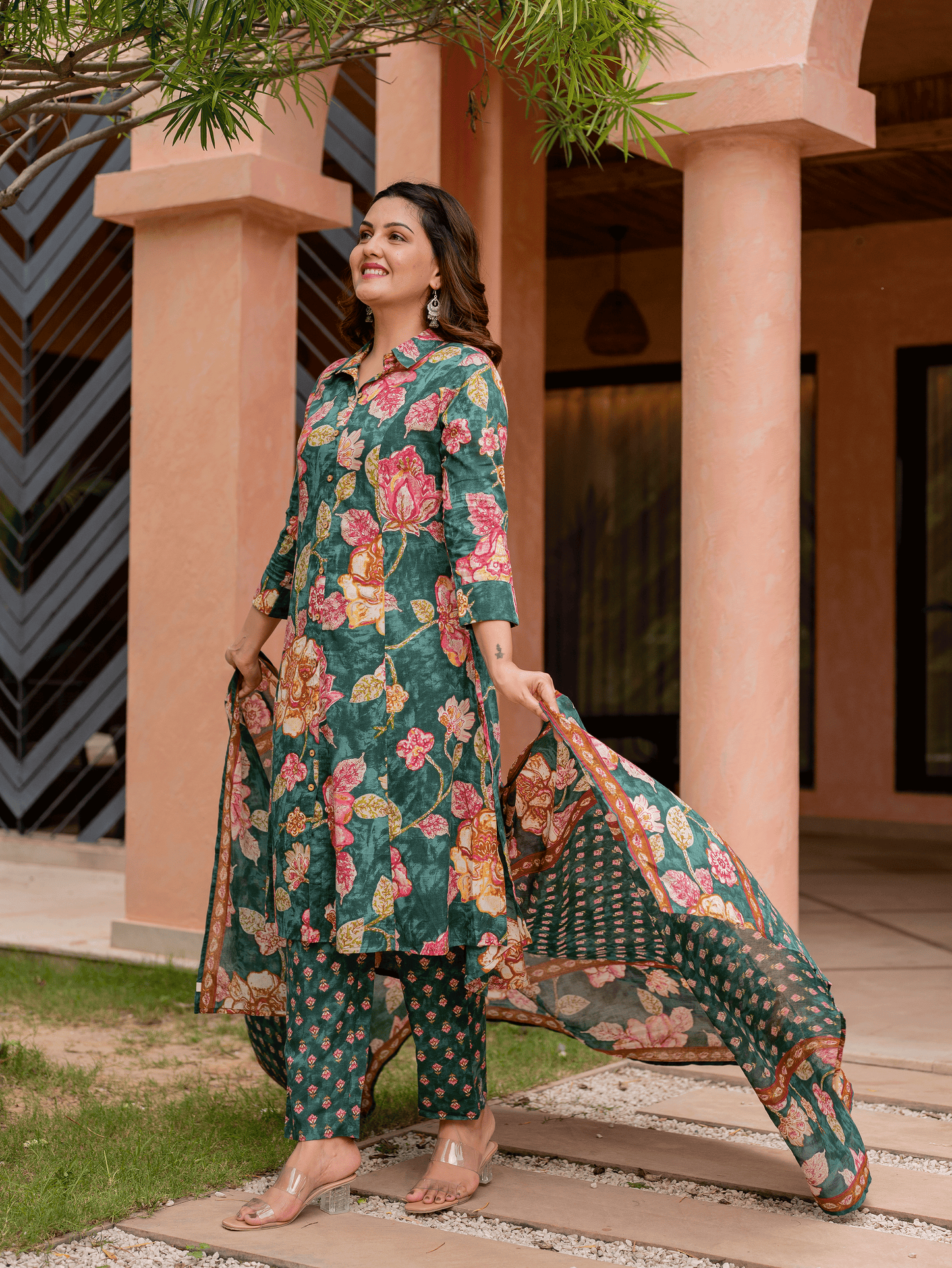 Soft Cotton Floral High Low Green Kurta