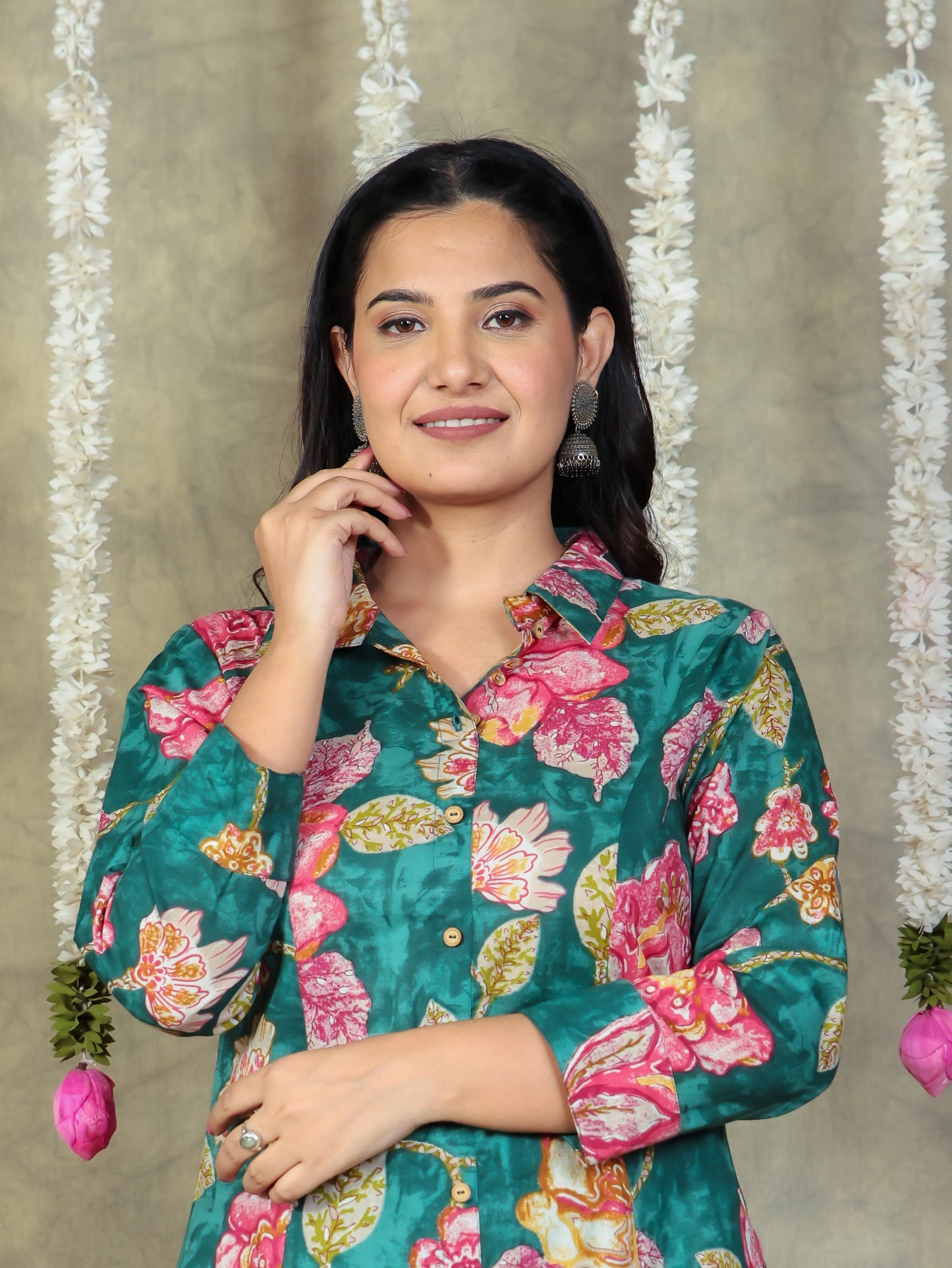 Soft Cotton Floral High Low Green Kurta