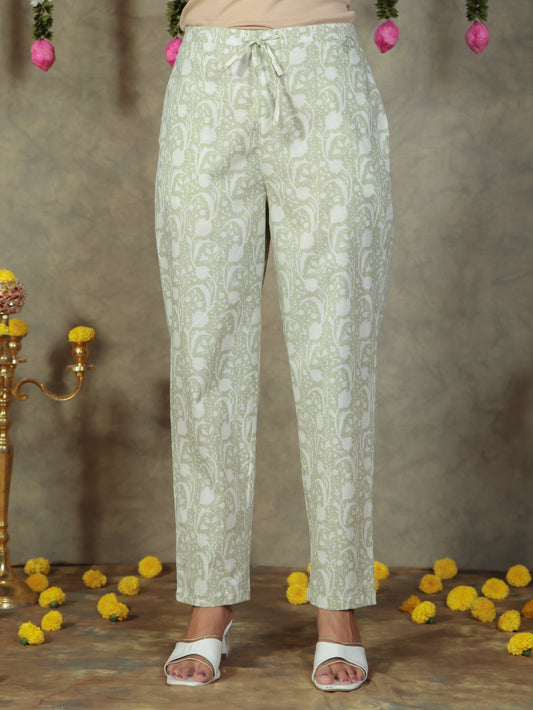 Soft Cotton Floral Off White Tapered Trousers