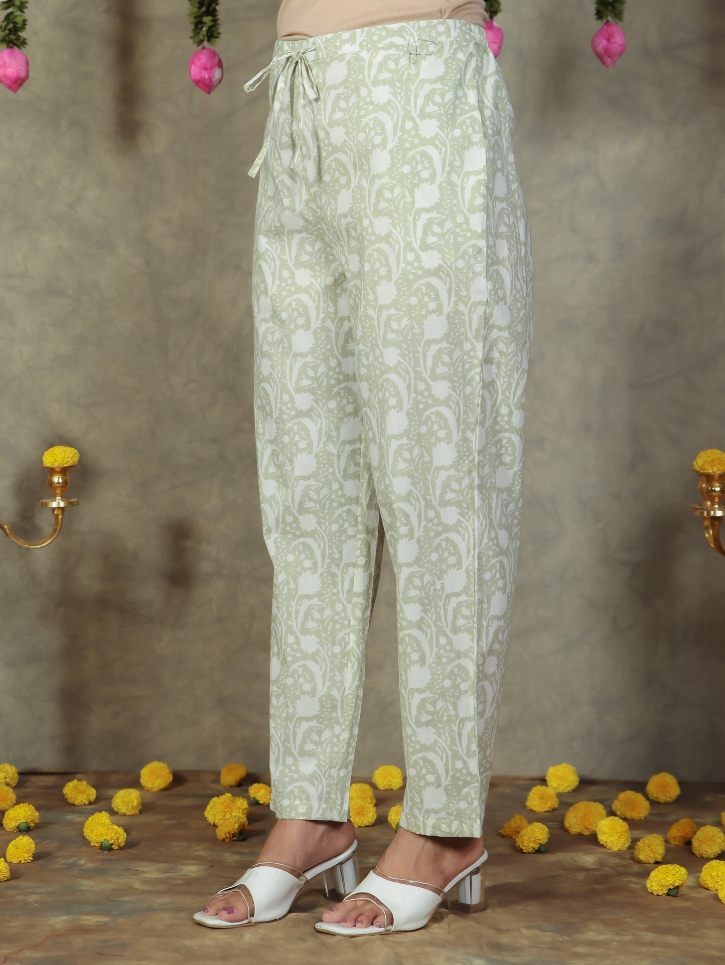 Soft Cotton Floral Off White Tapered Trousers