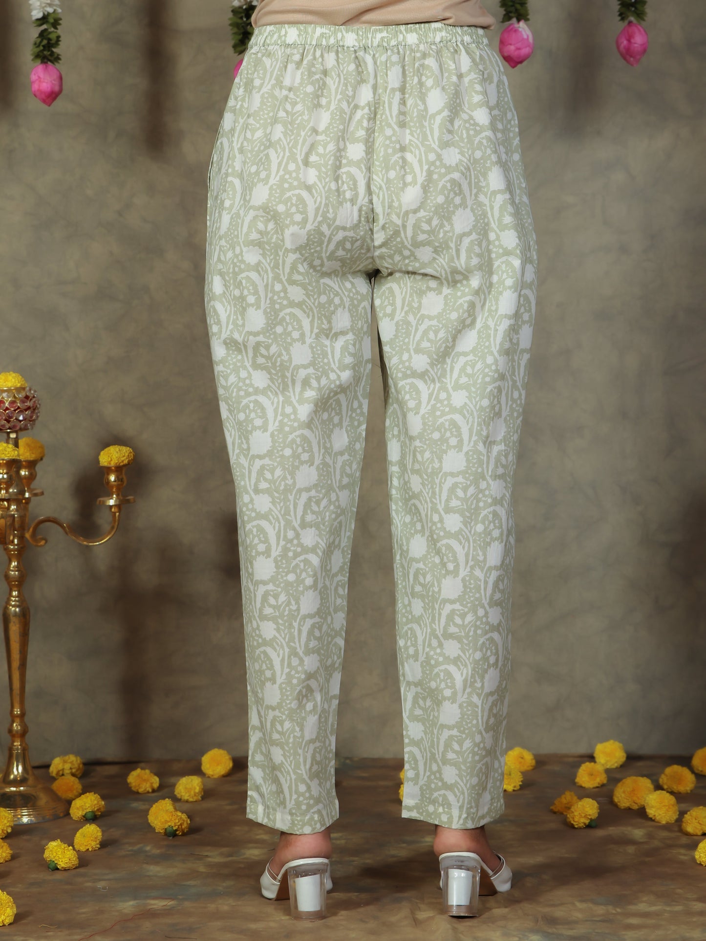 Soft Cotton Floral Off White Tapered Trousers