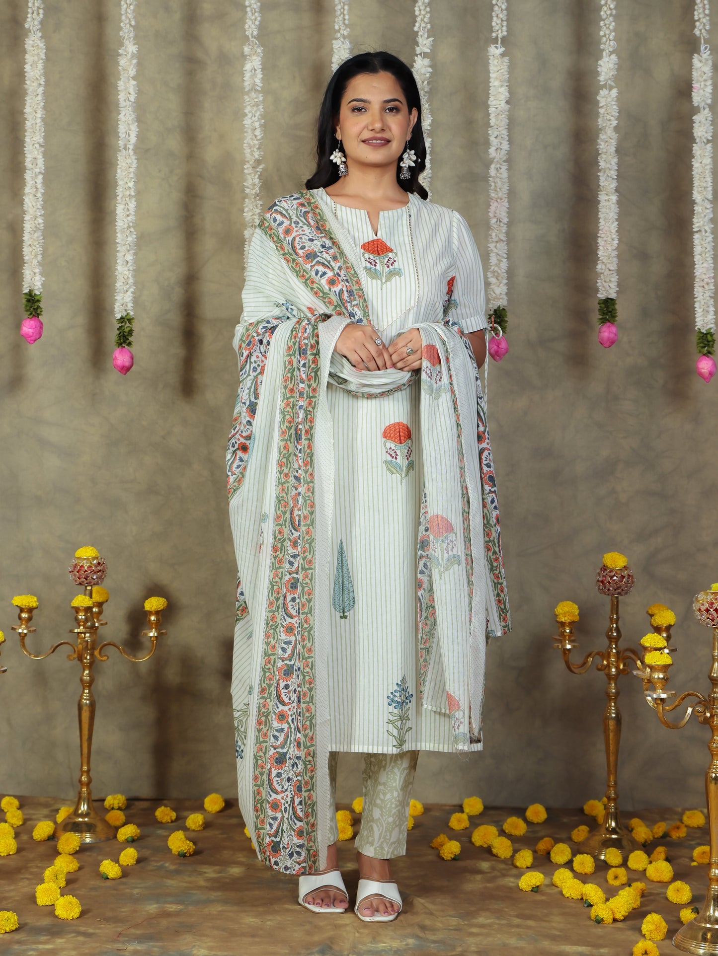 Soft Cotton Floral Straight Off White Kurta