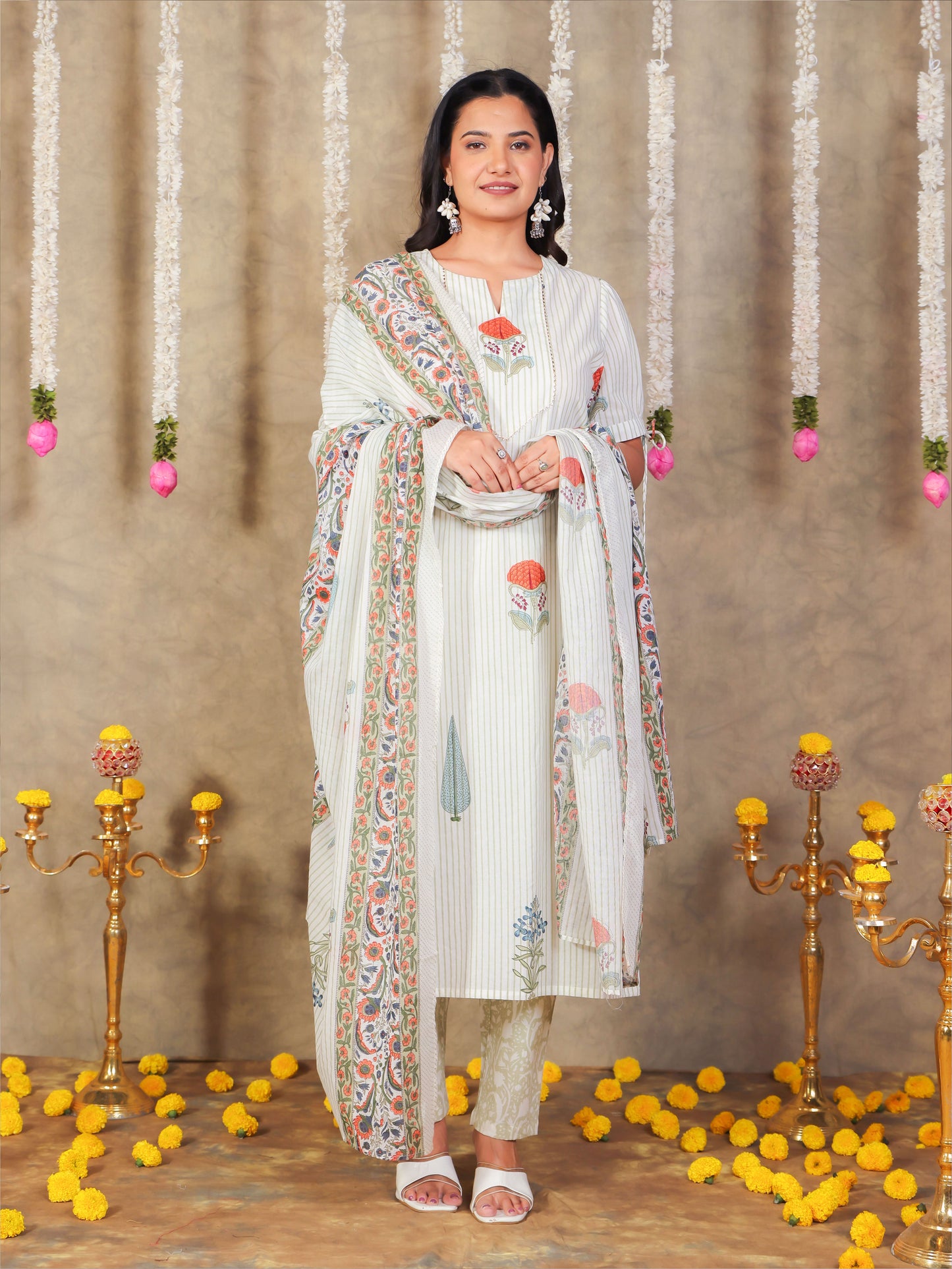 Soft Cotton Floral Straight Off White Kurta