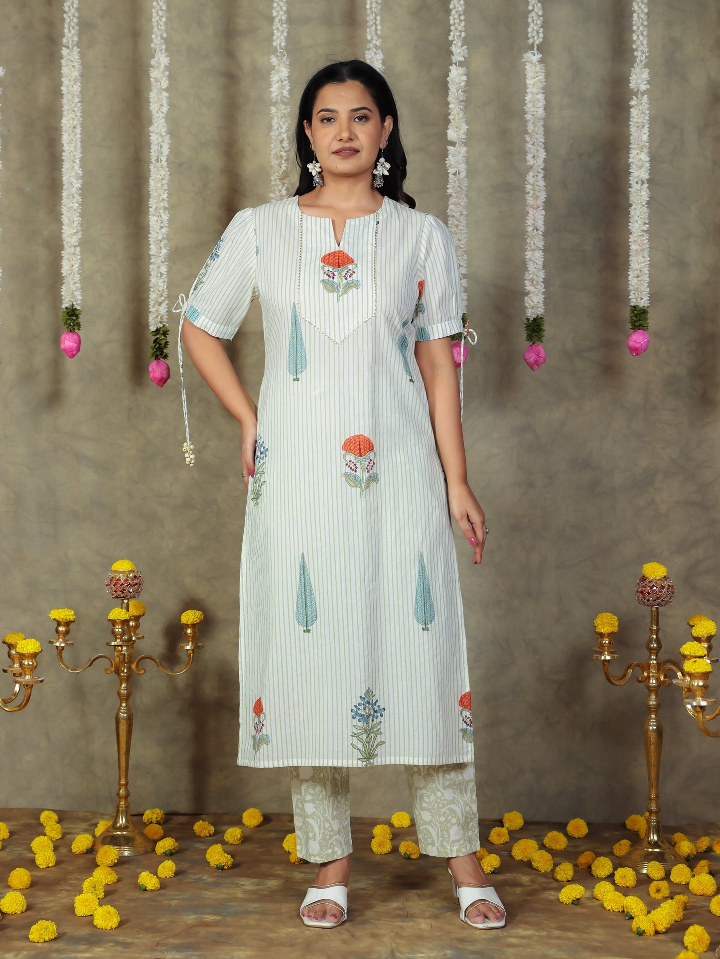 Soft Cotton Floral Straight Off White Kurta