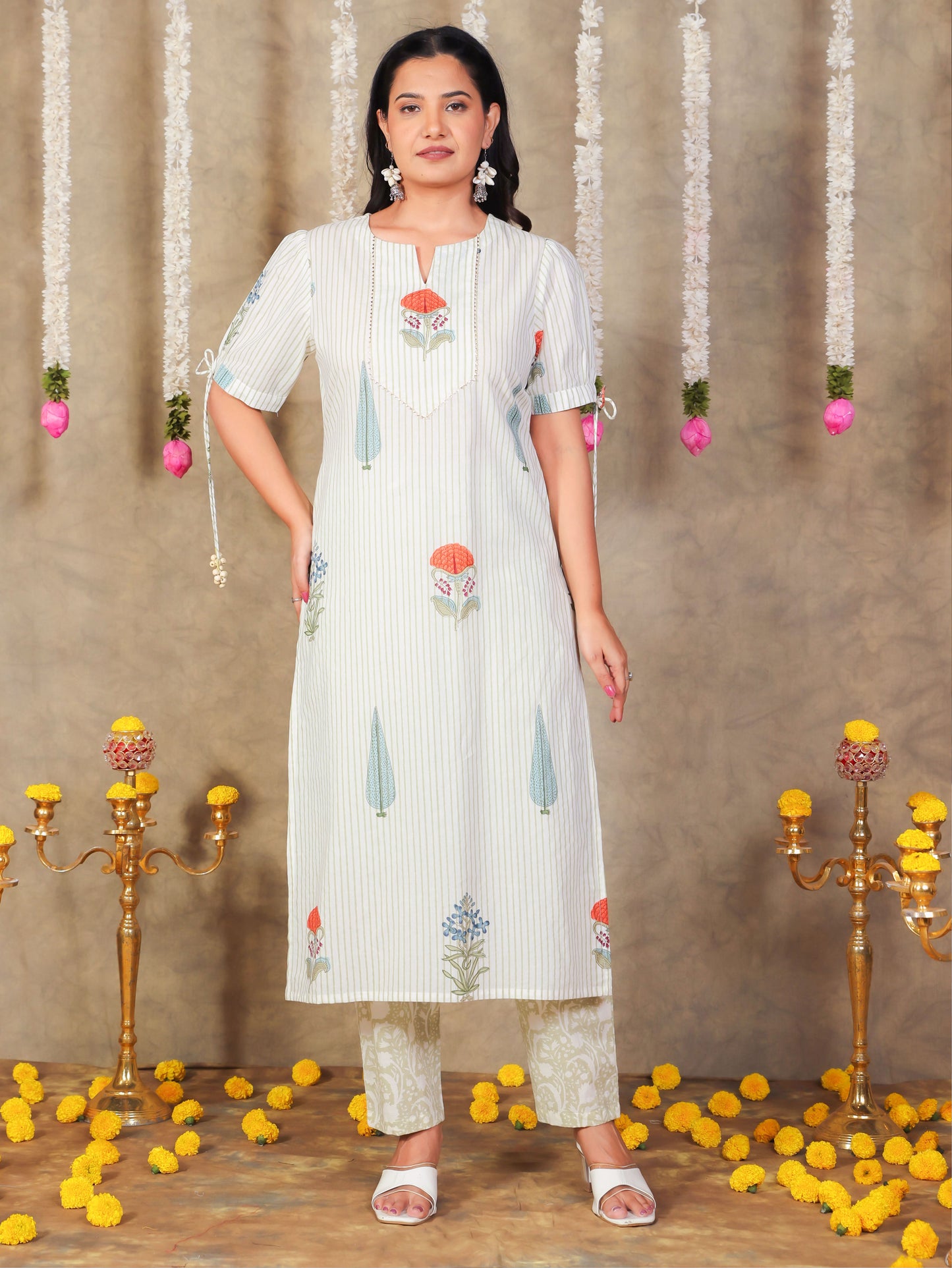 Soft Cotton Floral Straight Off White Kurta
