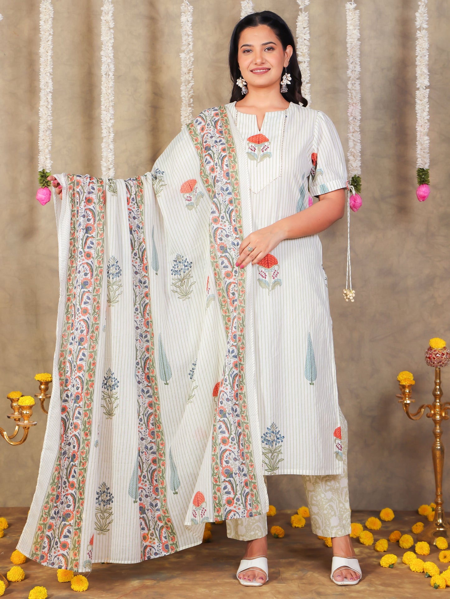 Soft Cotton Floral Straight Off White Kurta