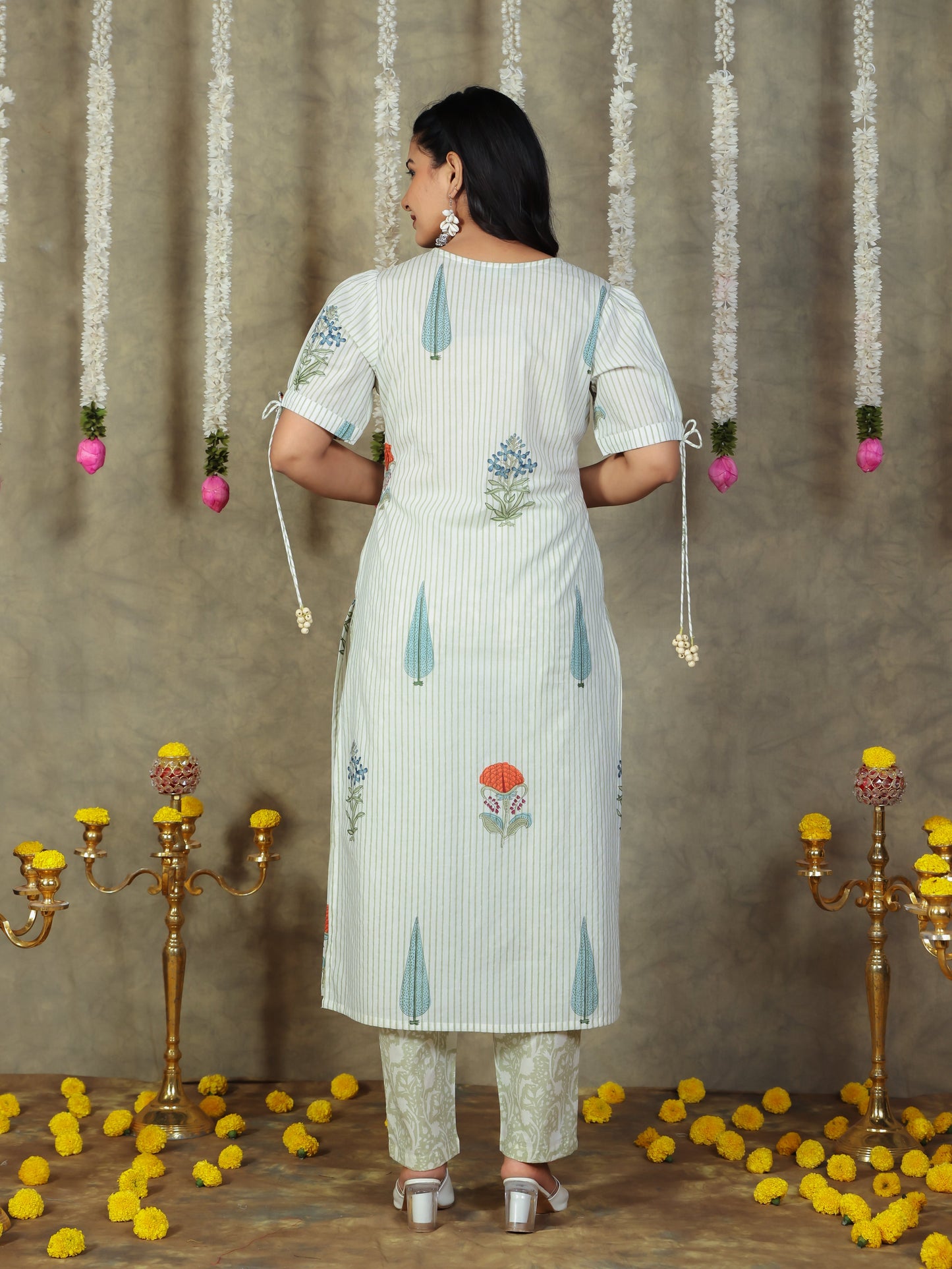 Soft Cotton Floral Straight Off White Kurta