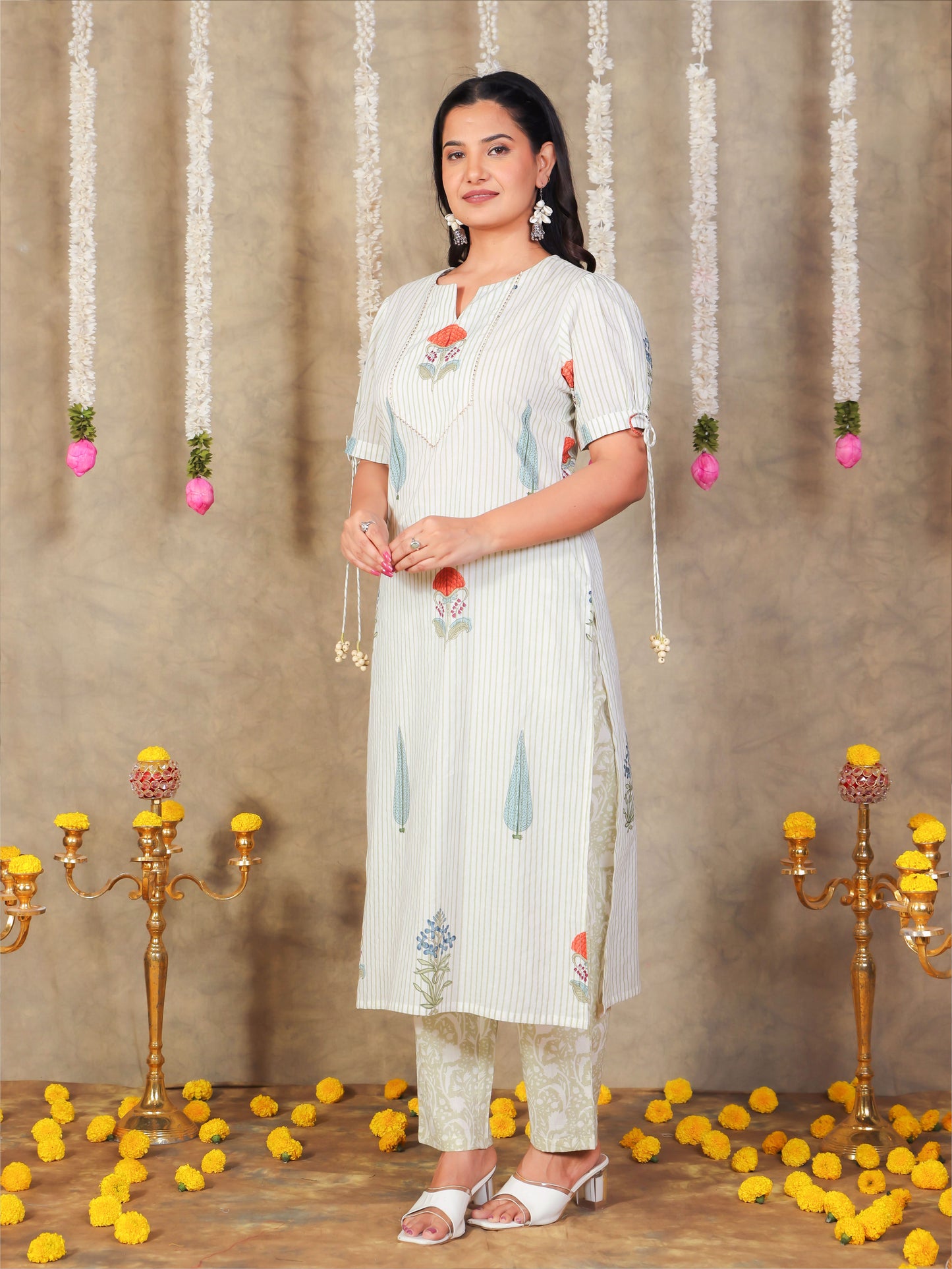 Soft Cotton Floral Straight Off White Kurta