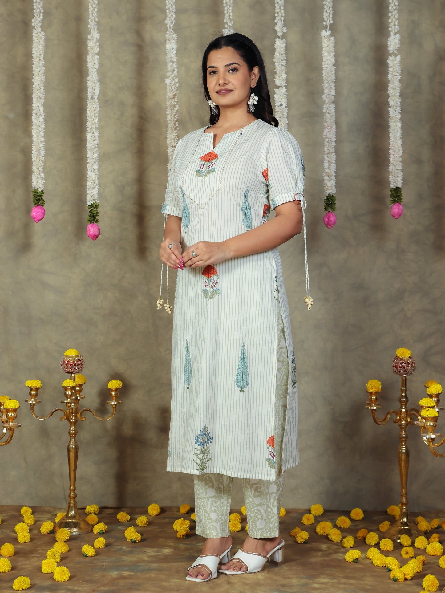 Soft Cotton Floral Straight Off White Kurta