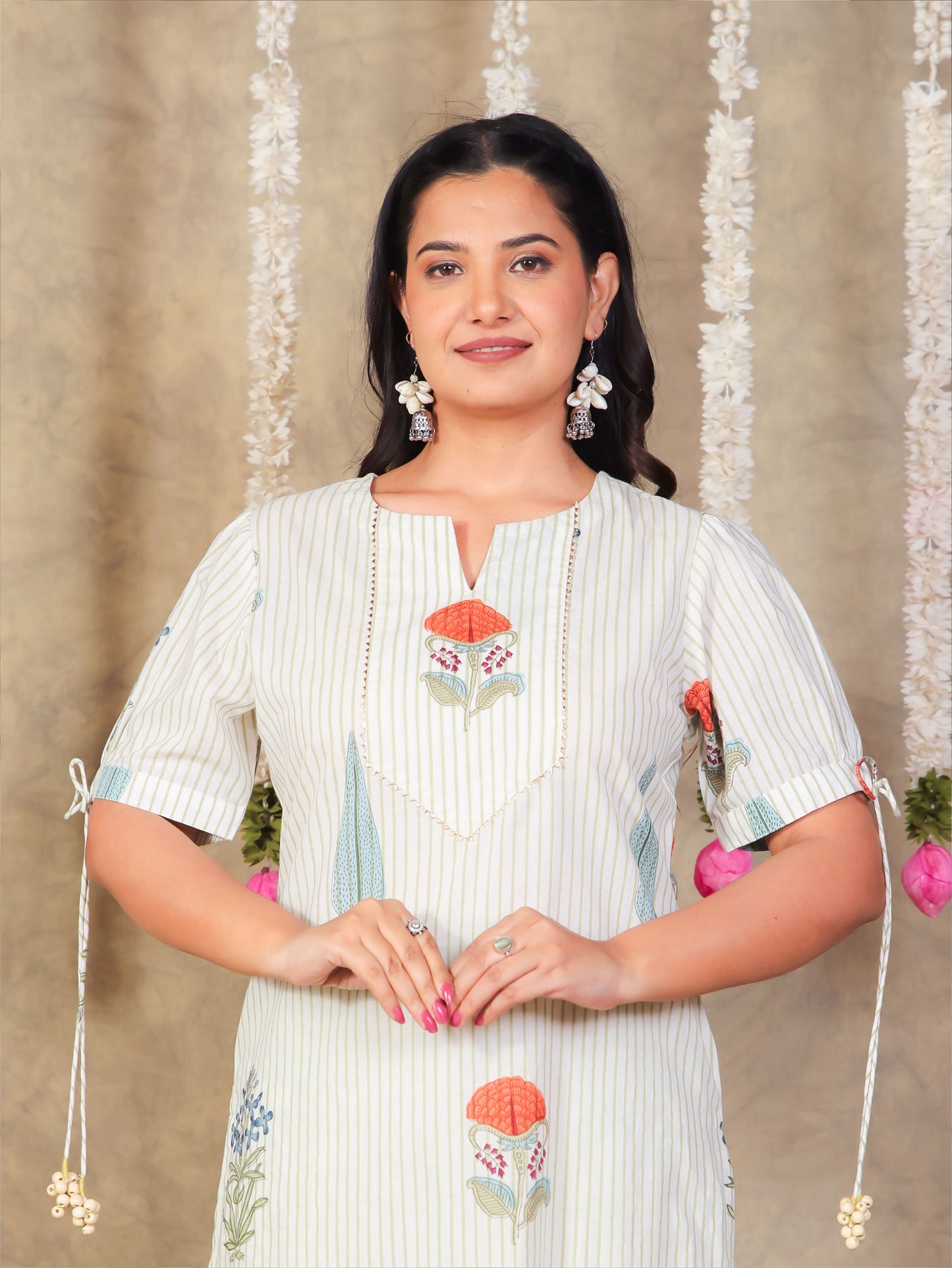 Soft Cotton Floral Straight Off White Kurta