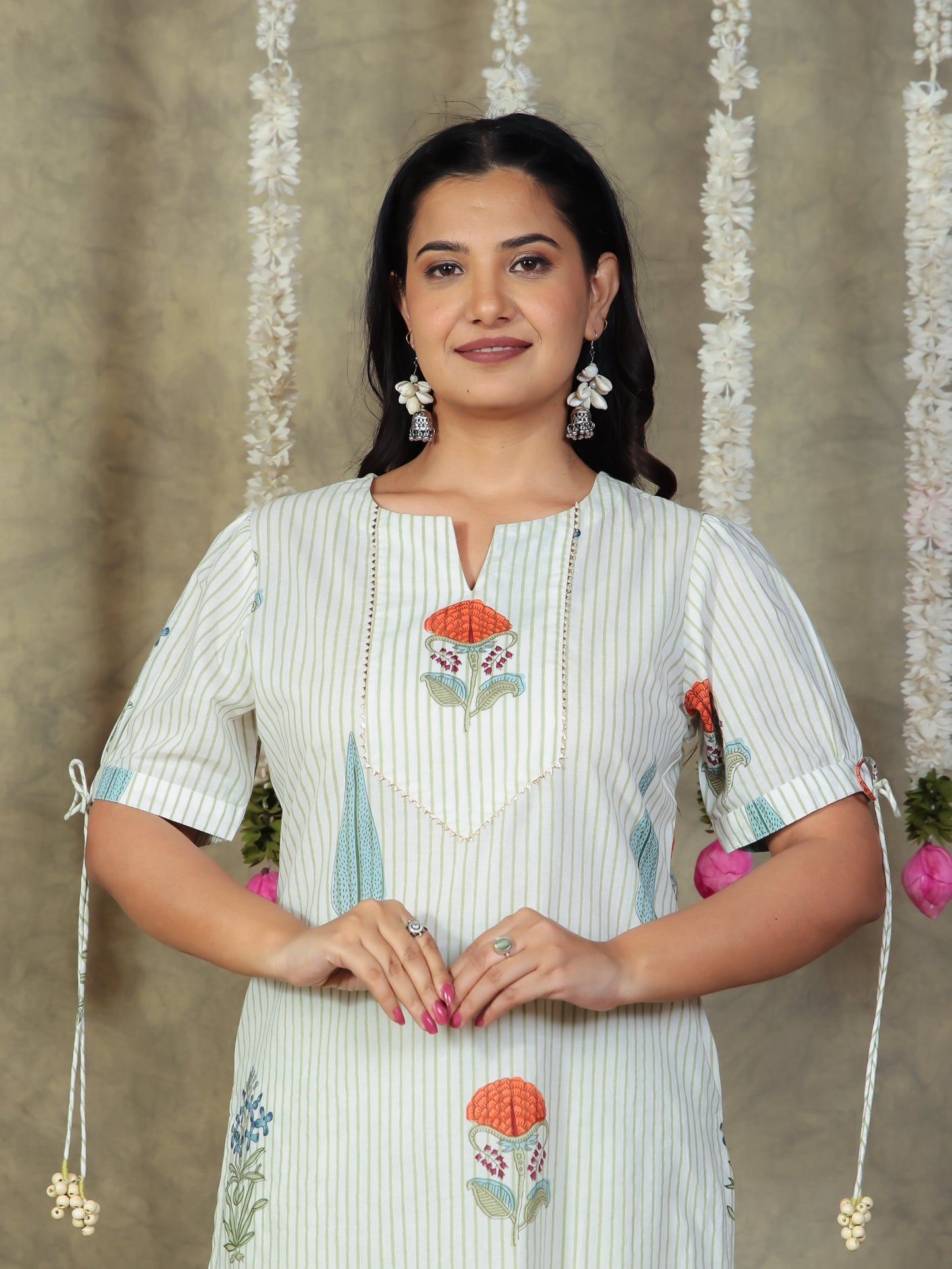 Soft Cotton Floral Straight Off White Kurta