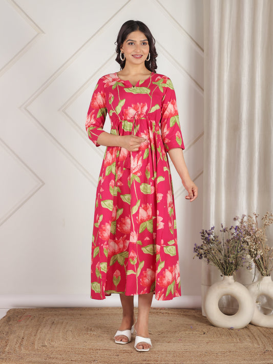 Soft Cotton Floral Anarkali Pink Dress