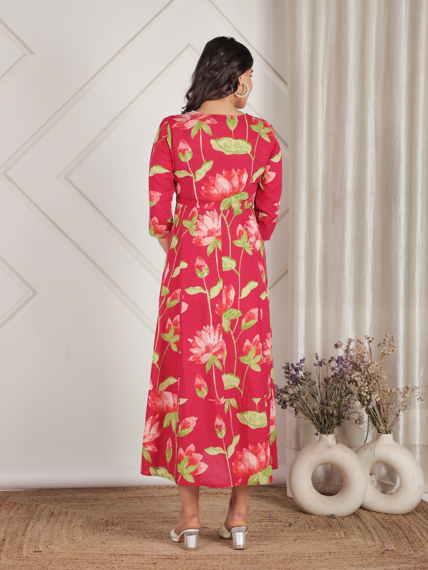 Soft Cotton Floral Anarkali Pink Dress