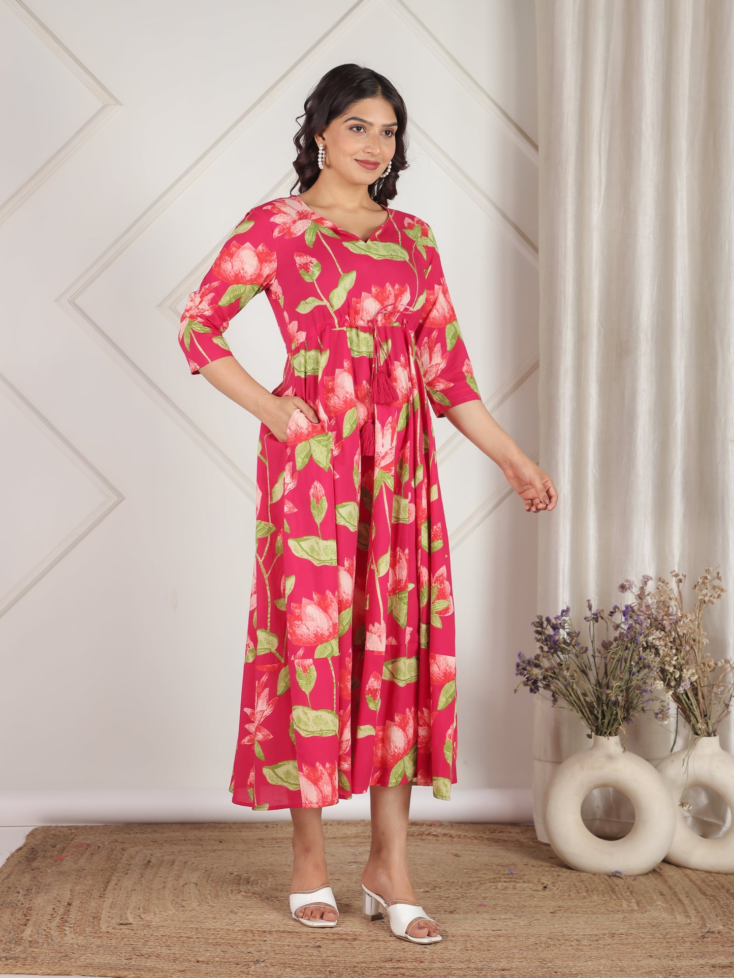 Soft Cotton Floral Anarkali Pink Dress