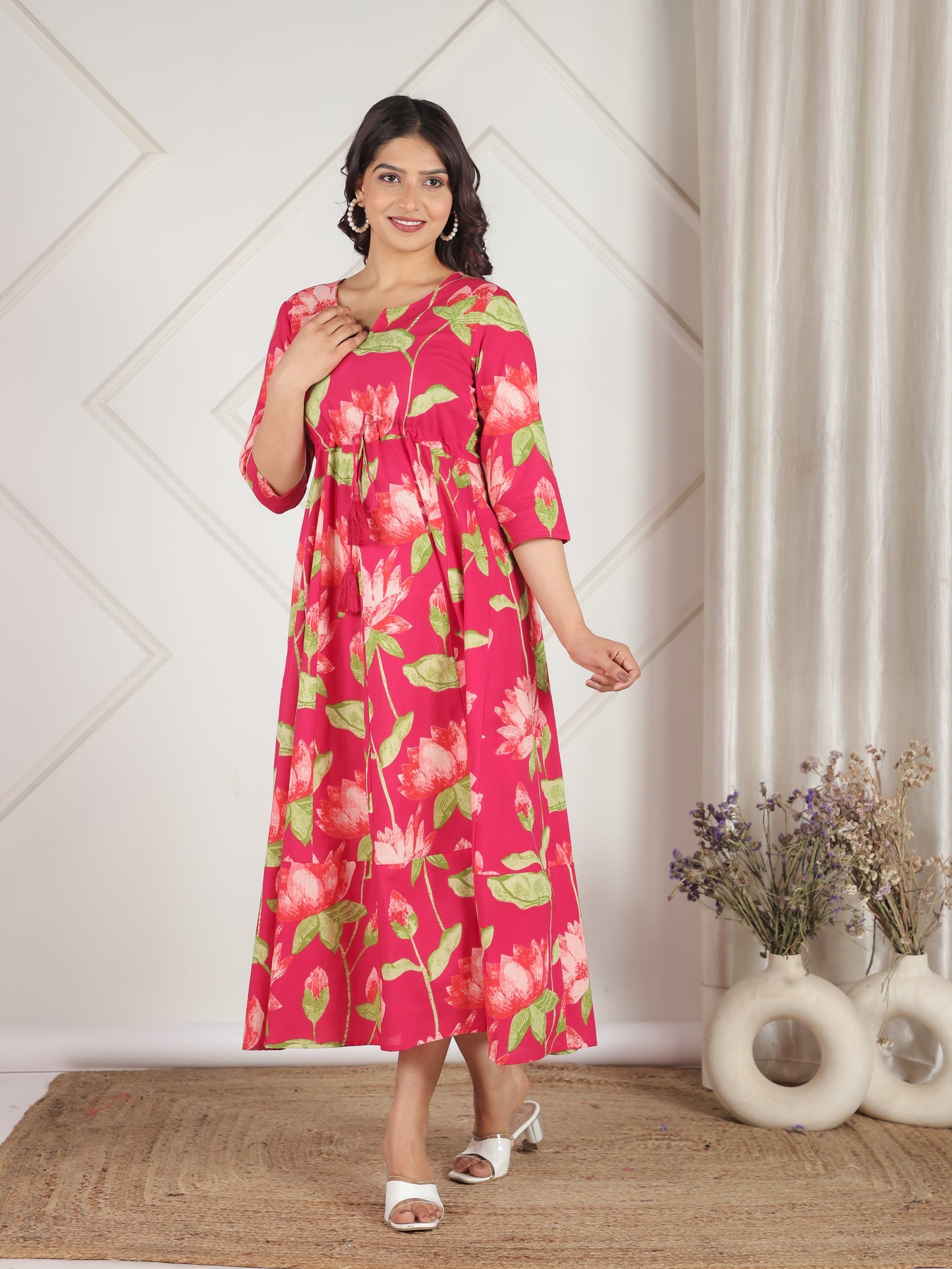 Soft Cotton Floral Anarkali Pink Dress