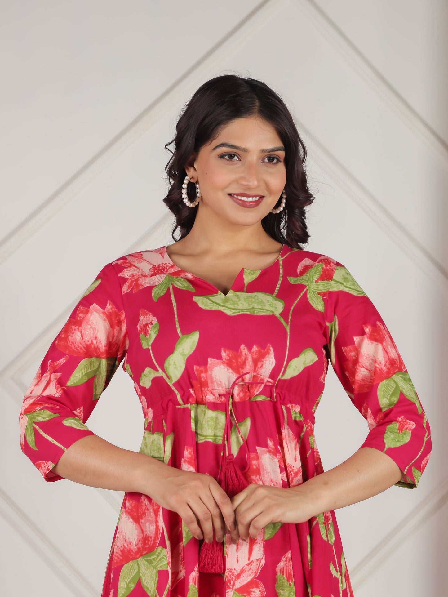 Soft Cotton Floral Anarkali Pink Dress