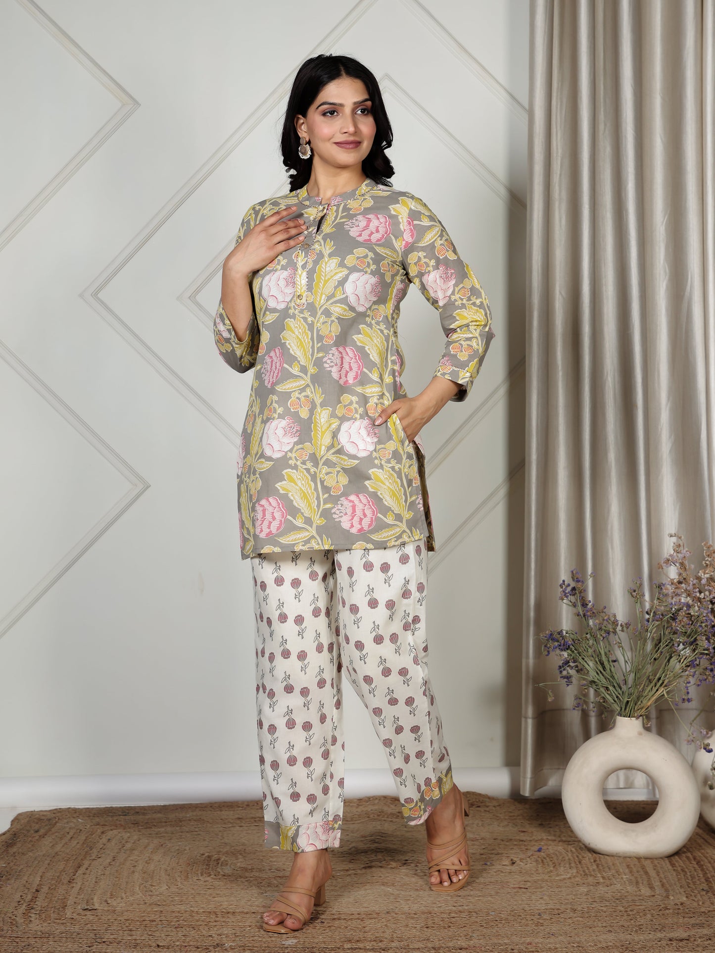 Soft Cotton Floral Straight Grey Kurta
