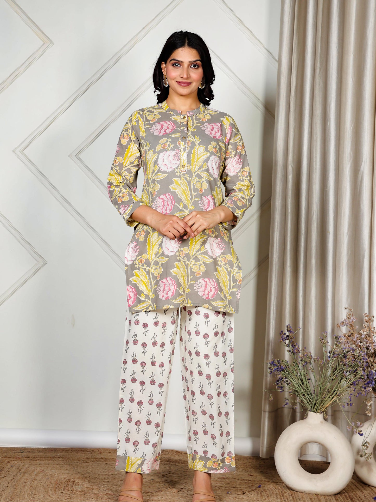 Soft Cotton Floral Straight Grey Kurta