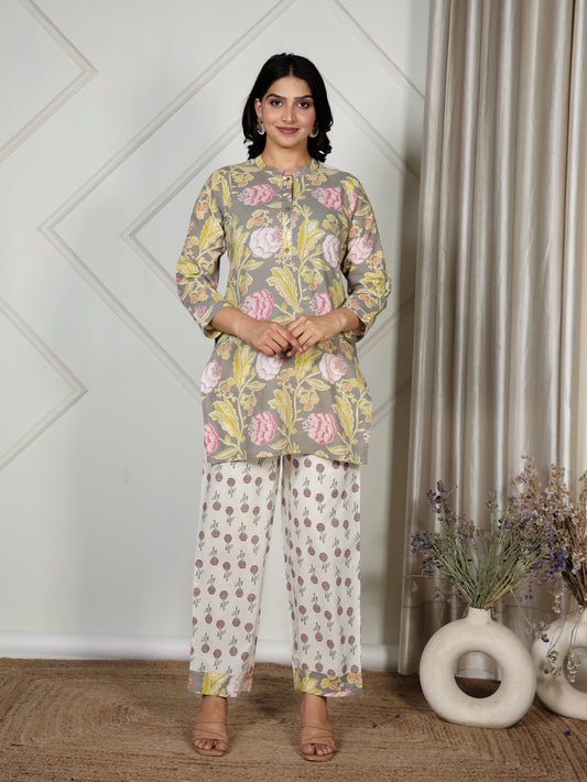 Soft Cotton Floral Straight Grey Kurta