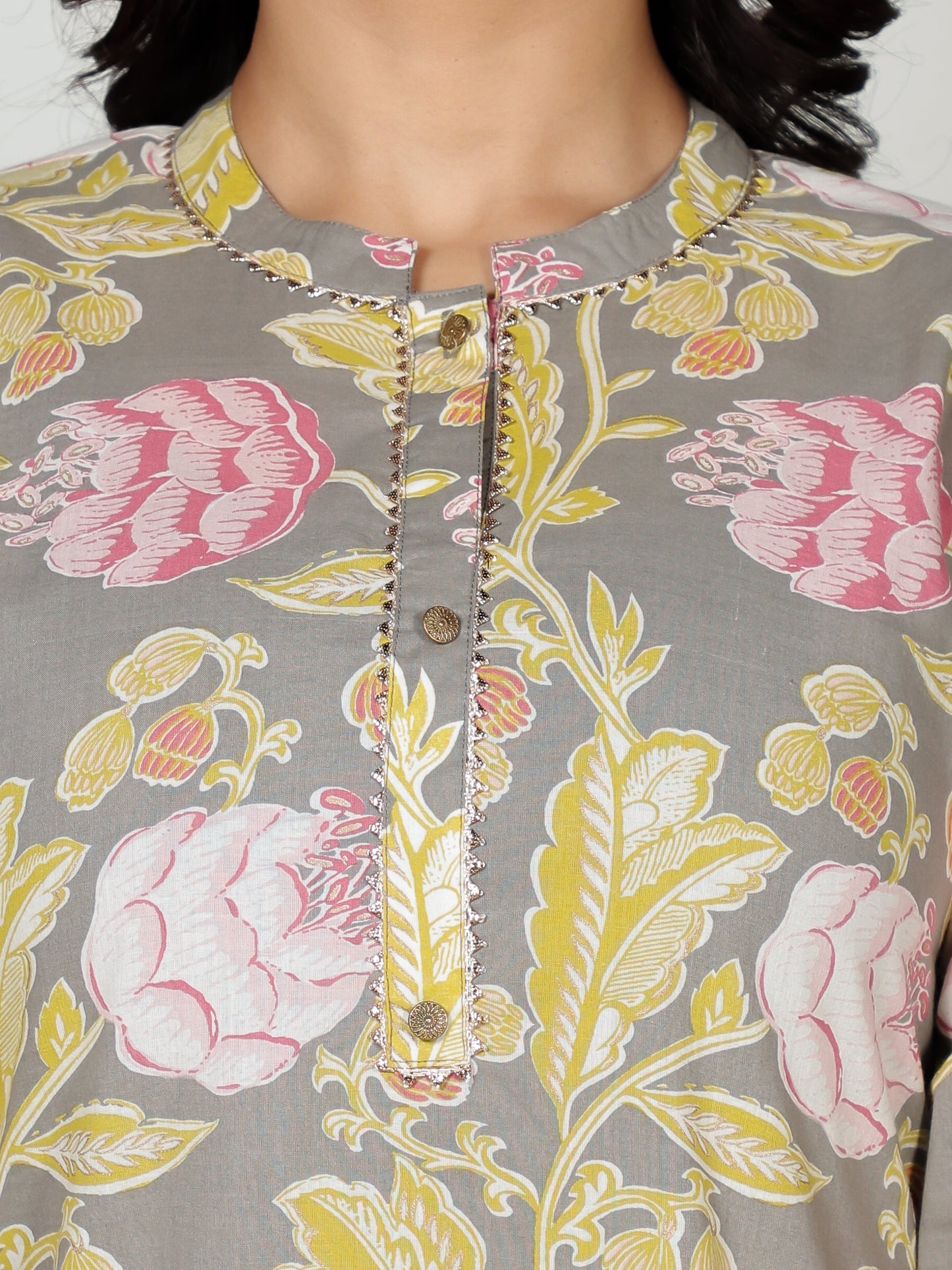 Soft Cotton Floral Straight Grey Kurta