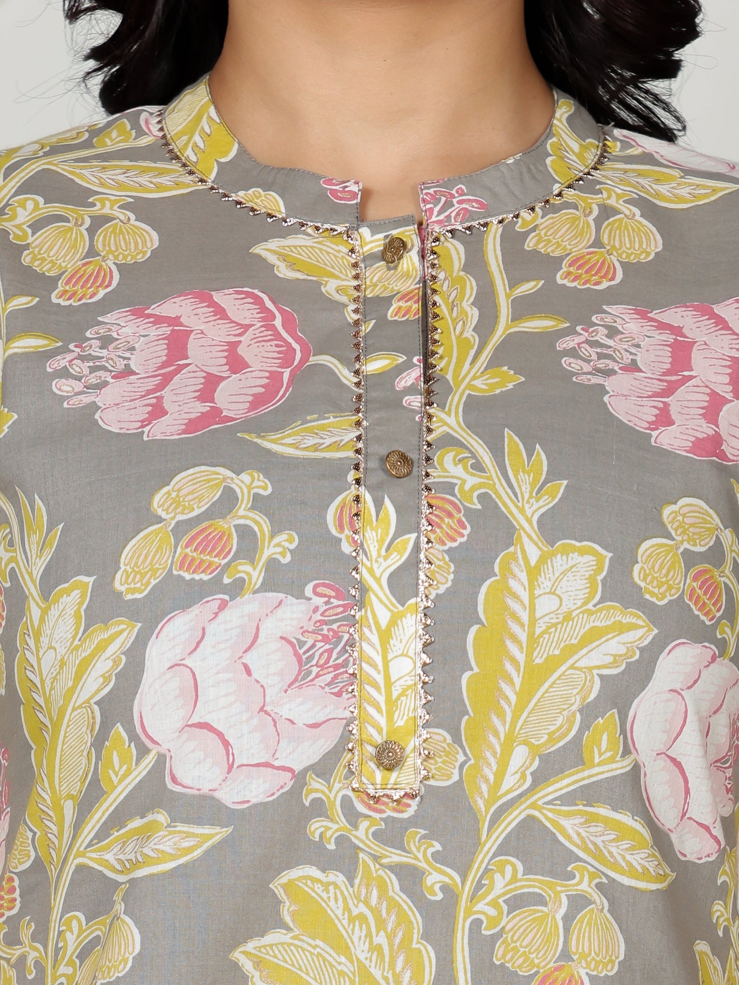 Soft Cotton Floral Straight Grey Kurta