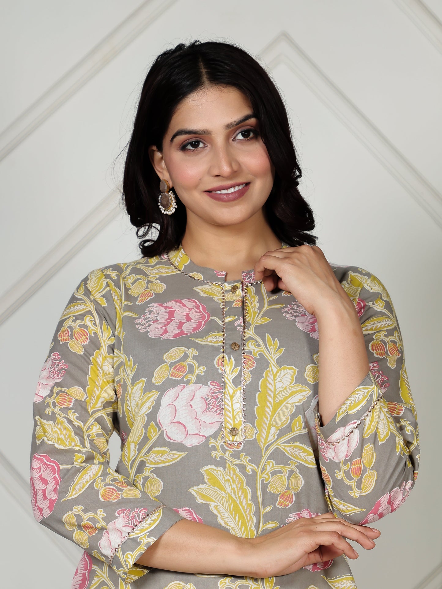 Soft Cotton Floral Straight Grey Kurta