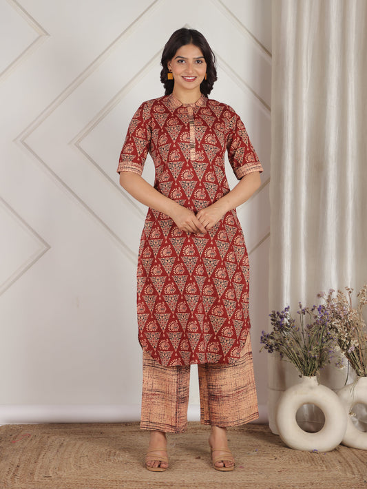 Soft Cotton Geometric Pathani Red Kurta
