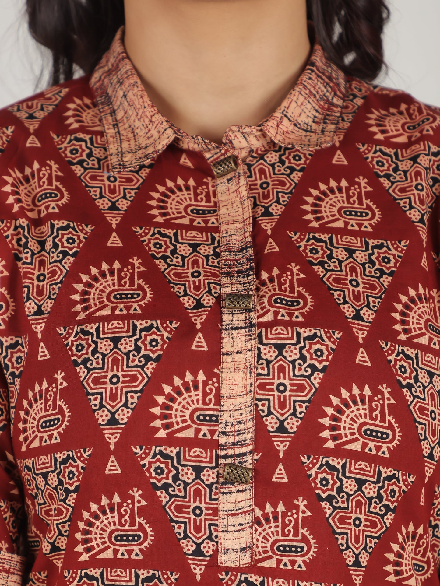 Soft Cotton Geometric Pathani Red Kurta