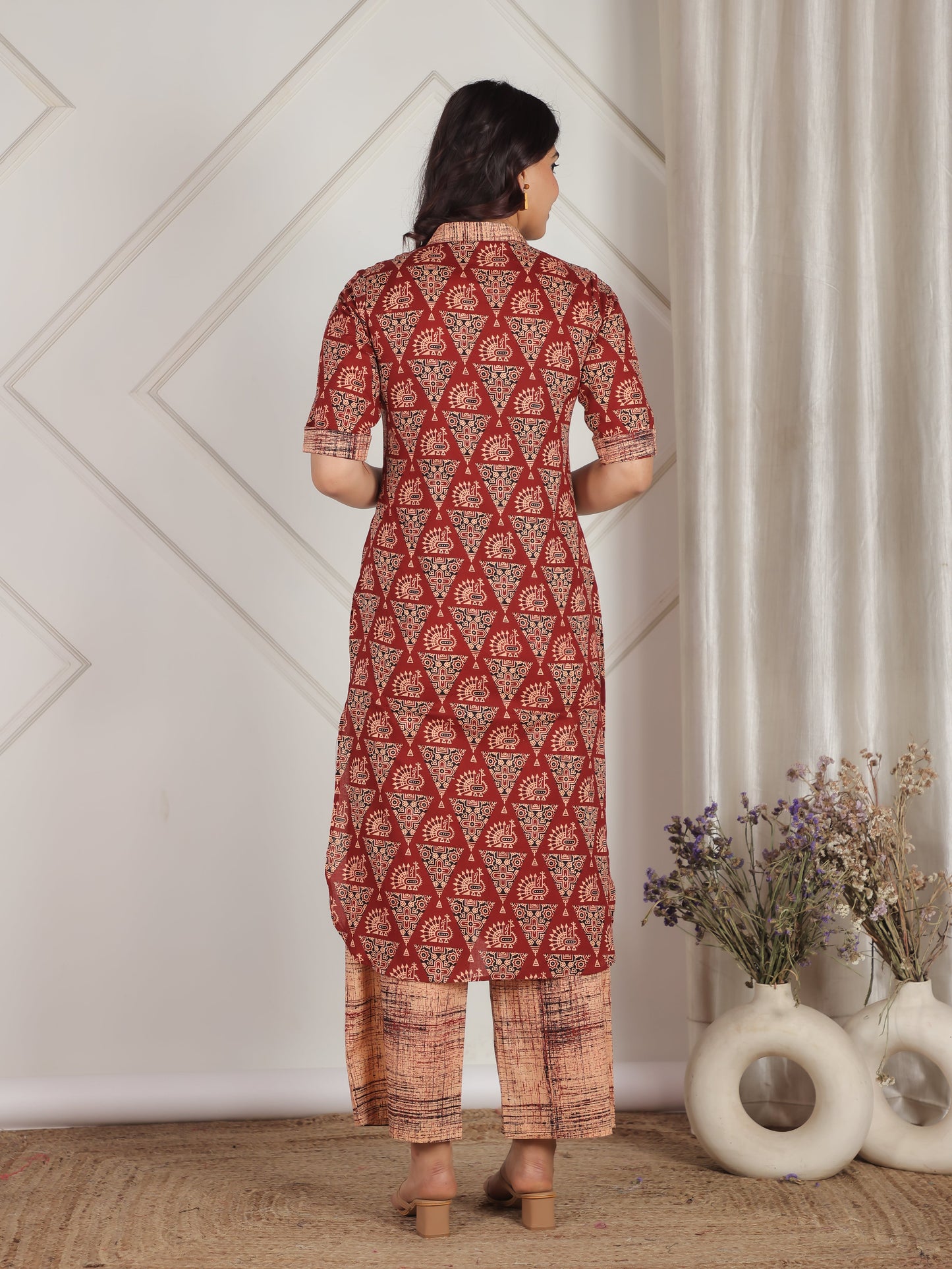Soft Cotton Geometric Pathani Red Kurta