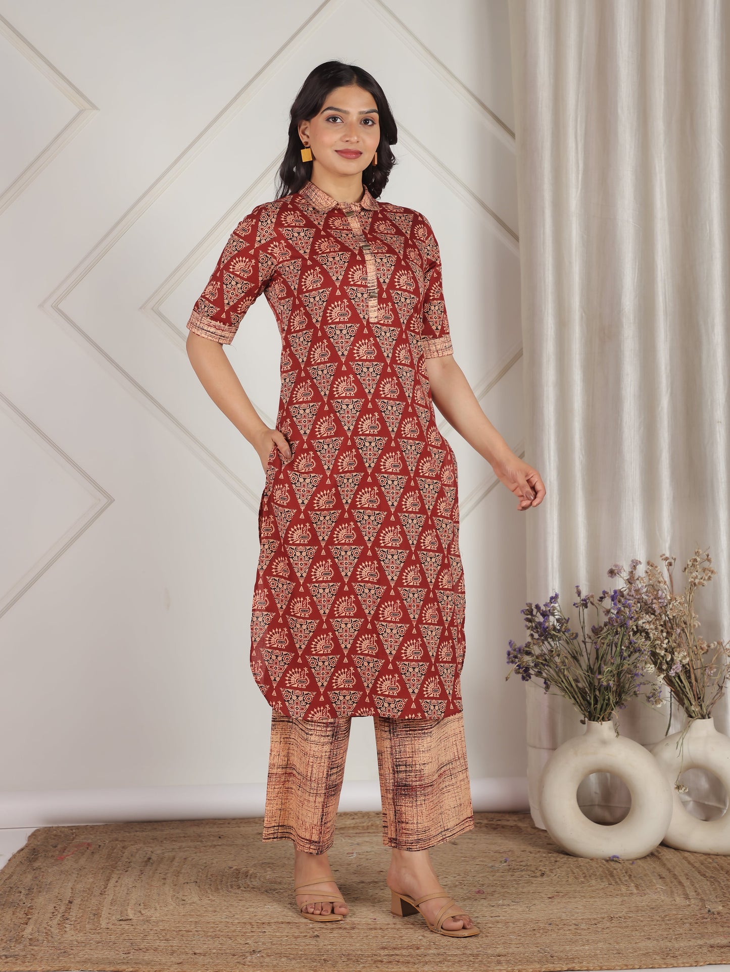 Soft Cotton Geometric Pathani Red Kurta