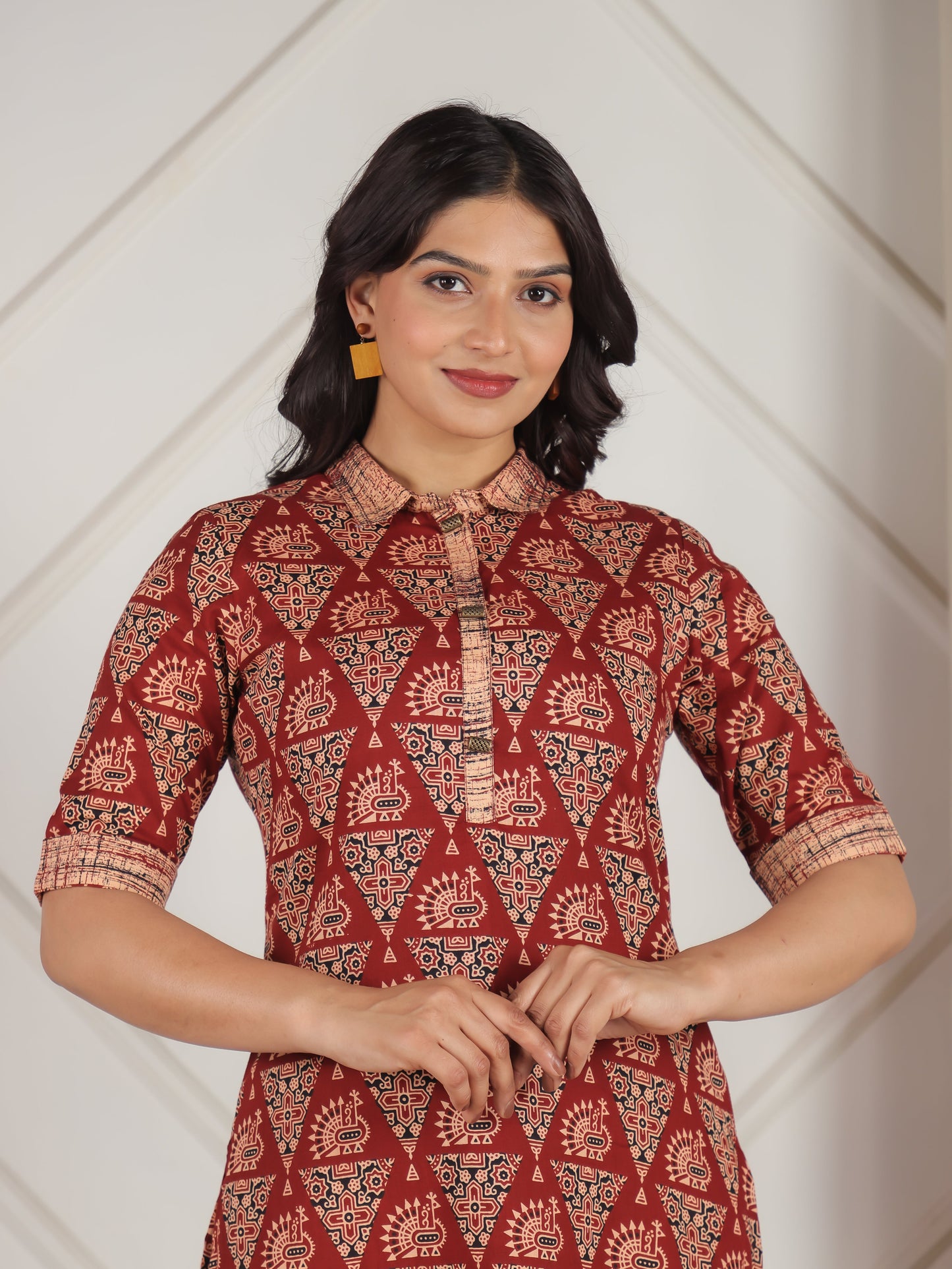 Soft Cotton Geometric Pathani Red Kurta