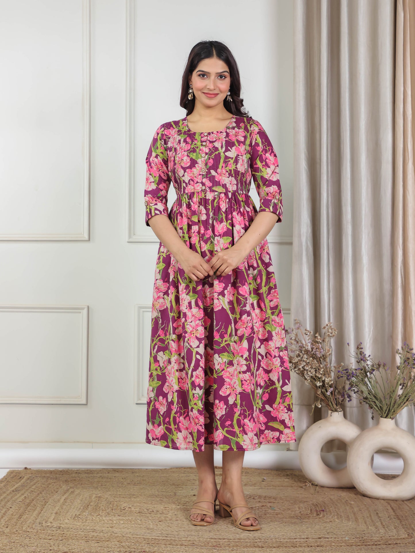 Soft Cotton Floral Flared Purple Kurta