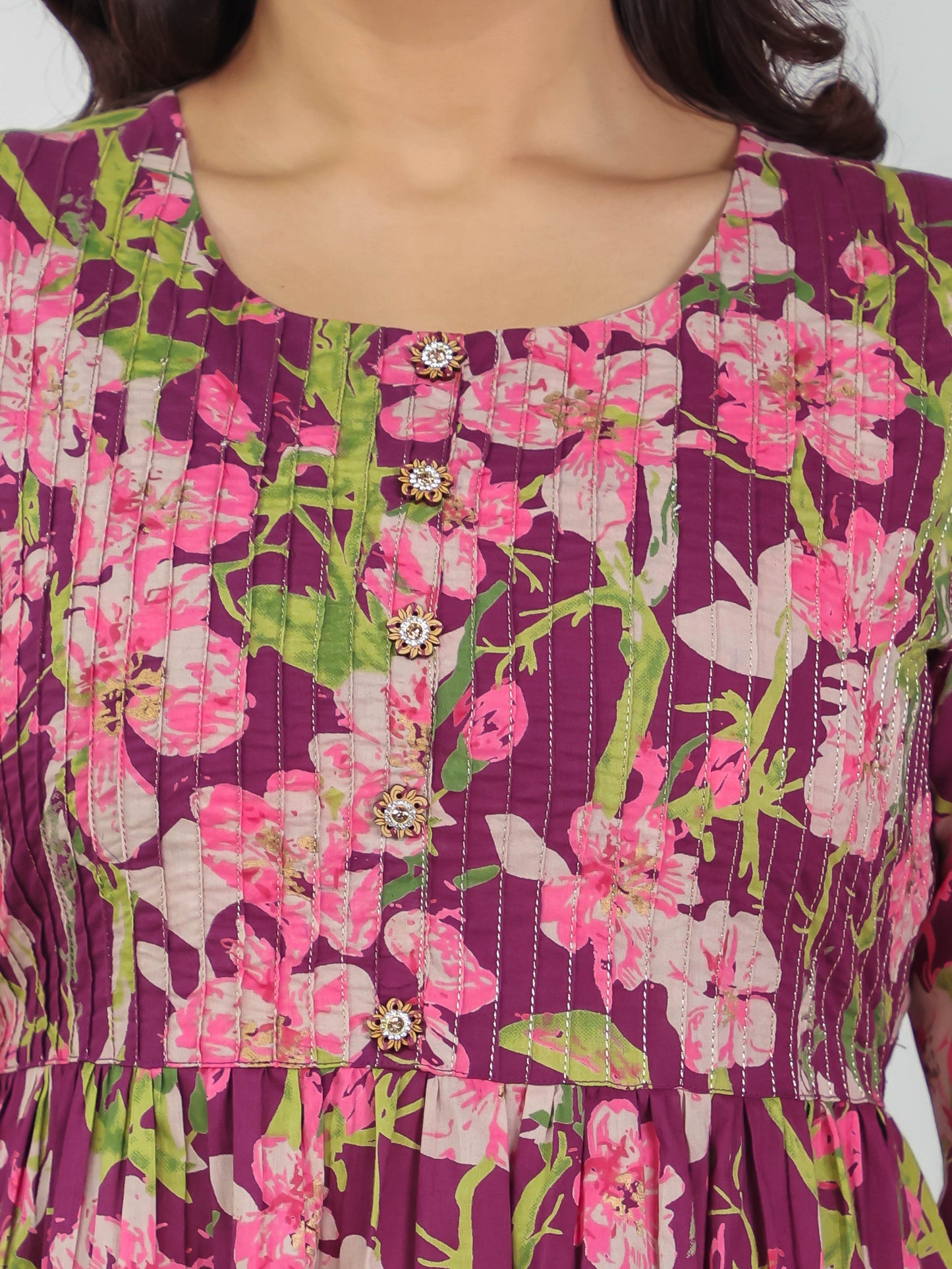 Soft Cotton Floral Flared Purple Kurta