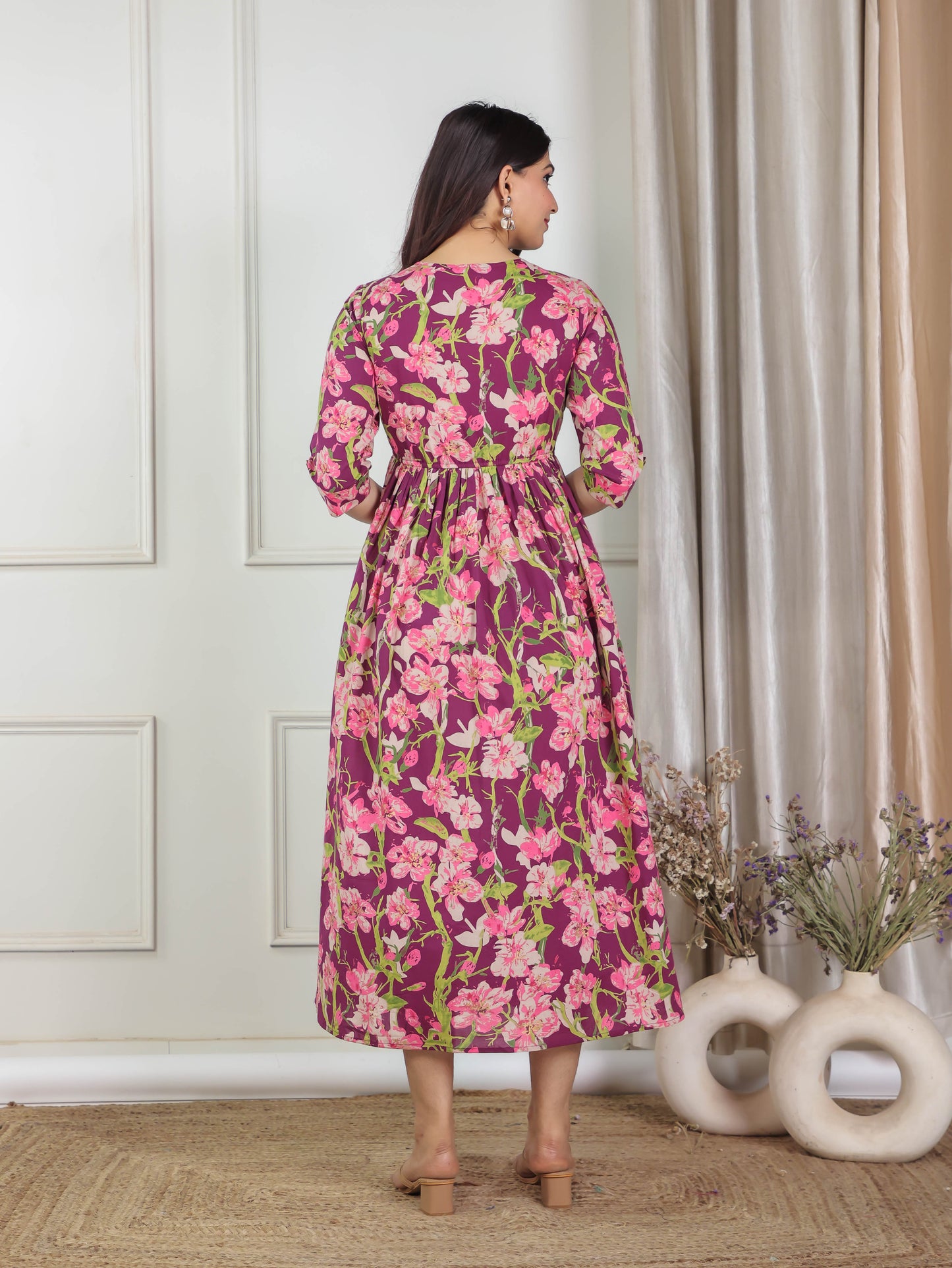 Soft Cotton Floral Flared Purple Kurta