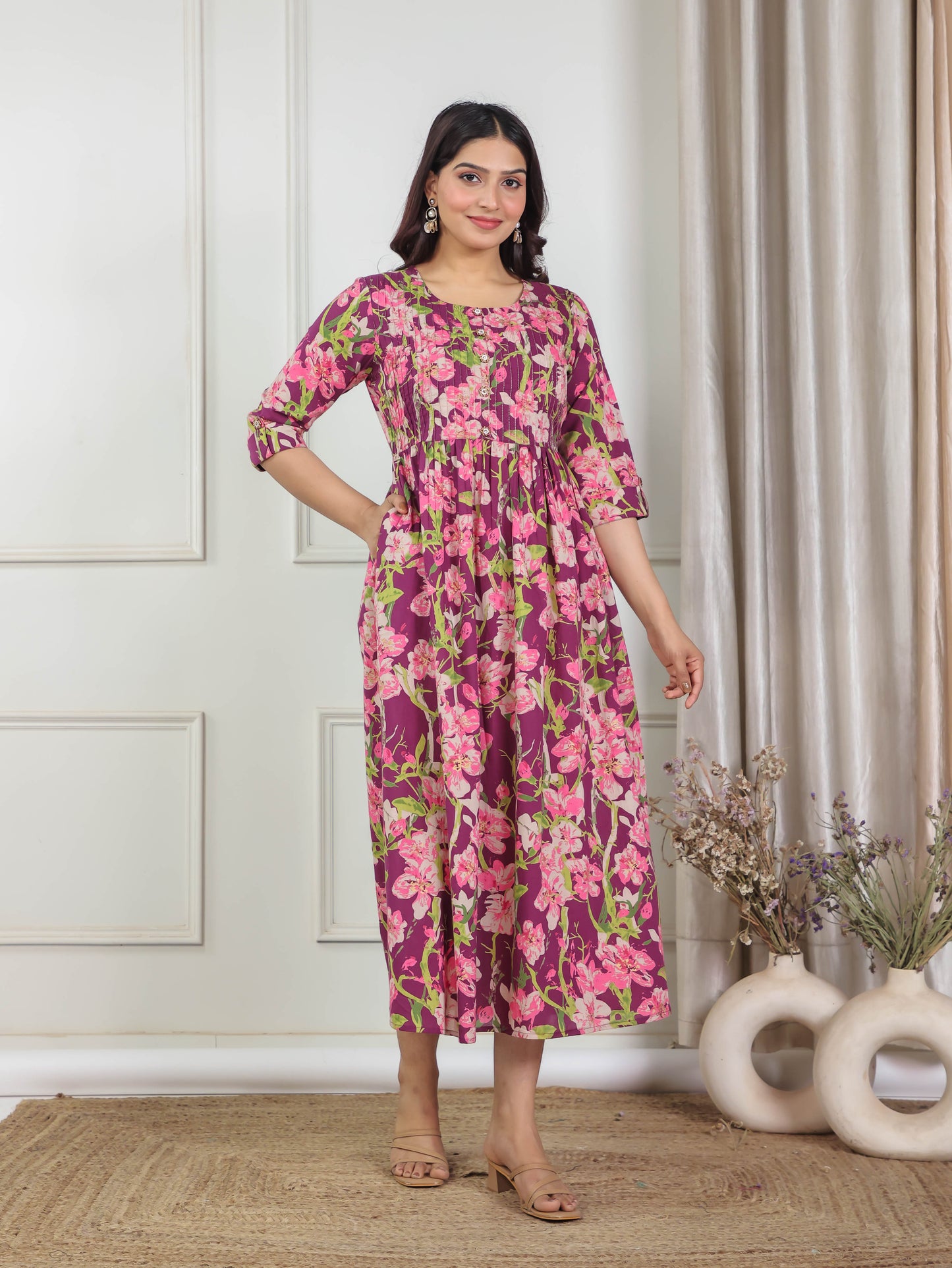 Soft Cotton Floral Flared Purple Kurta