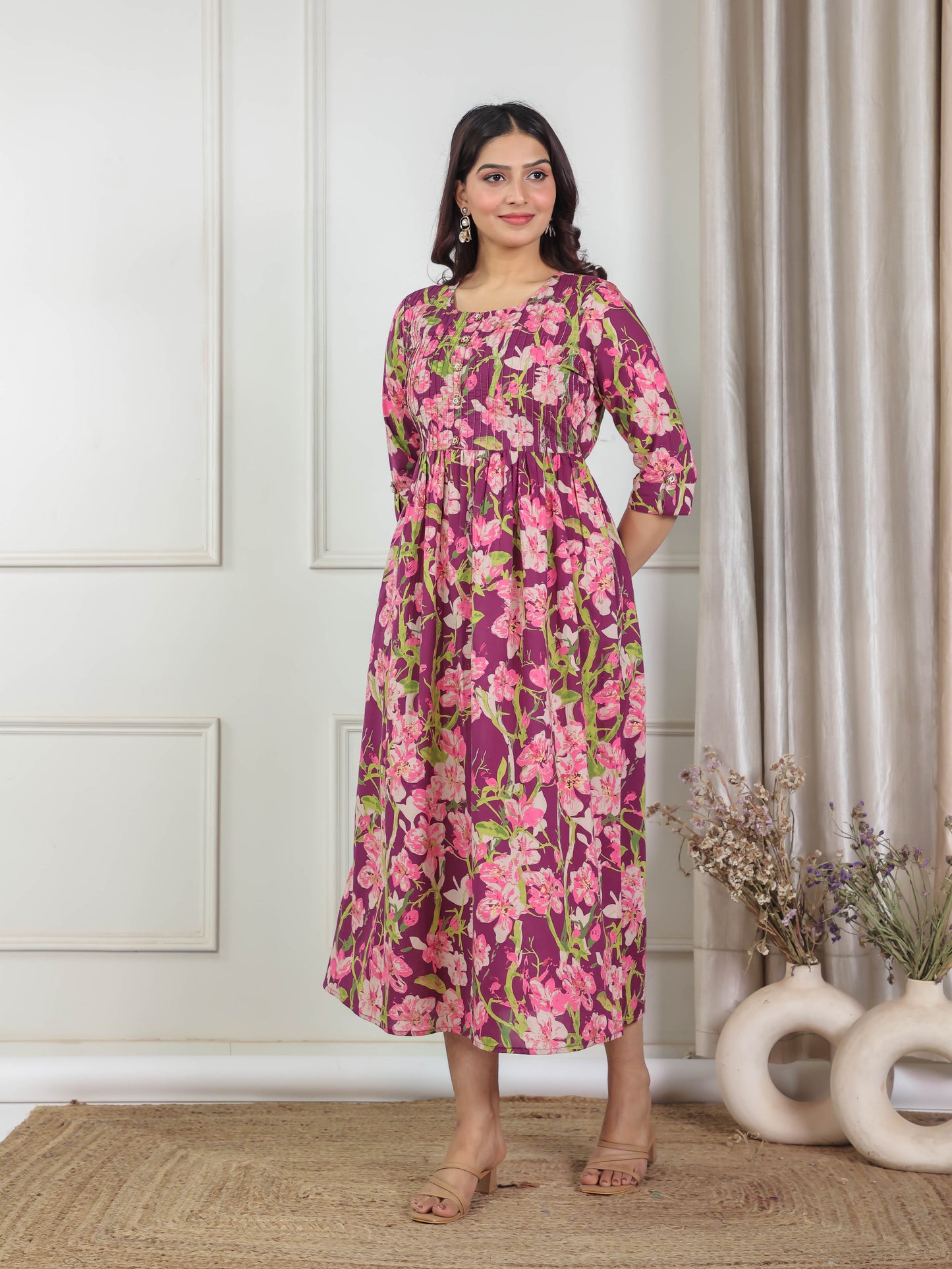 Soft Cotton Floral Flared Purple Kurta