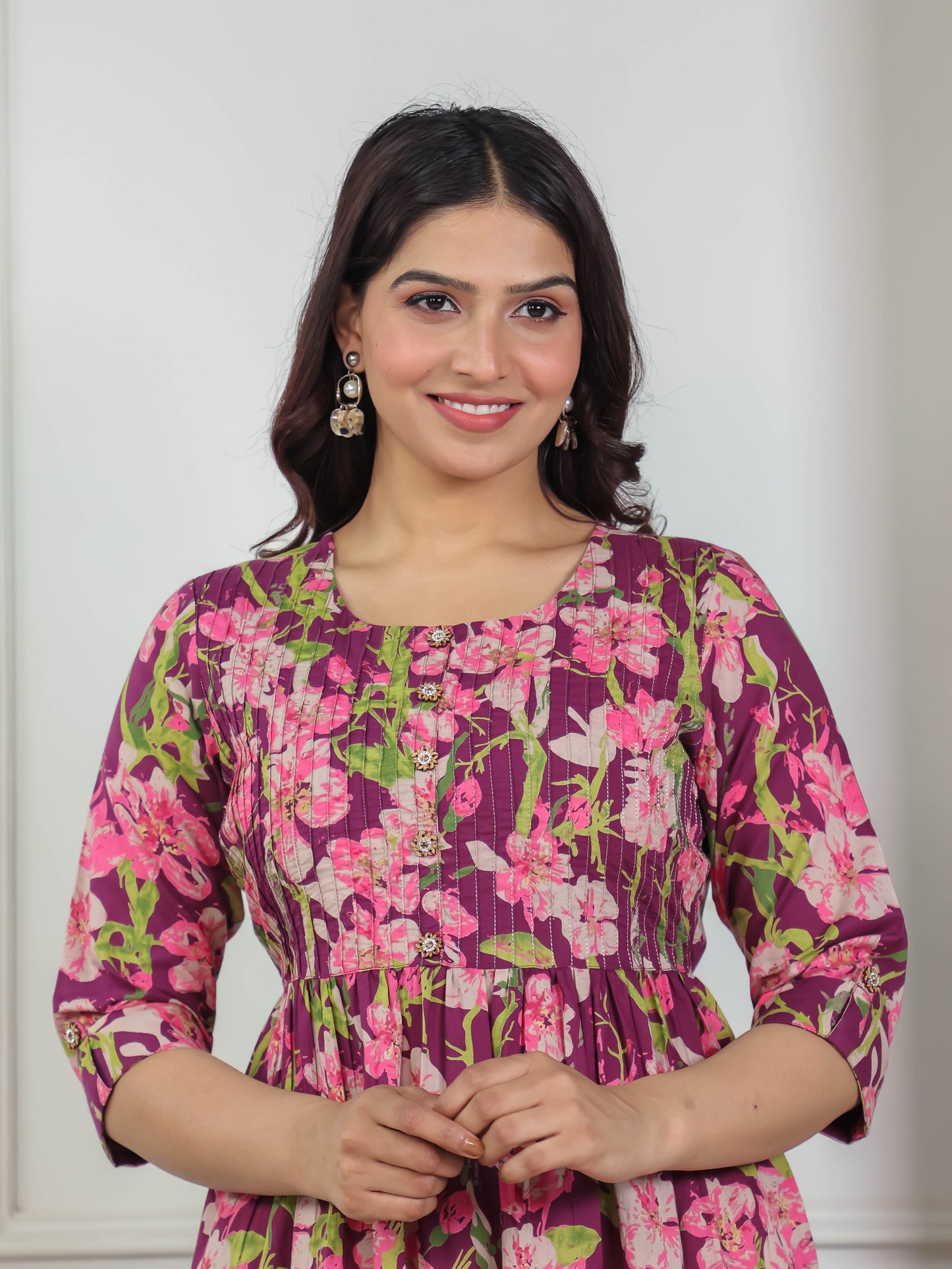 Soft Cotton Floral Flared Purple Kurta