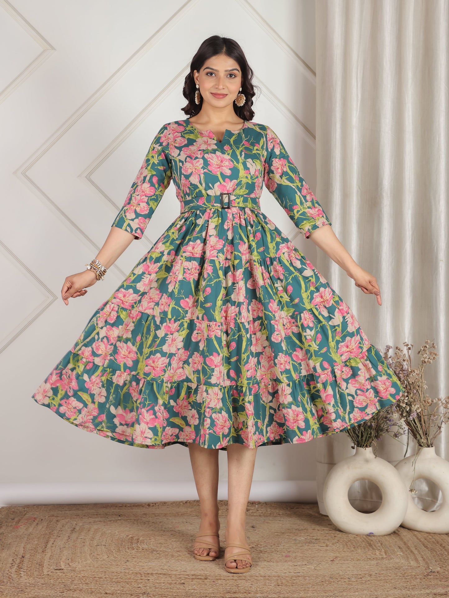 Soft Cotton Floral Anarkali Green Dress
