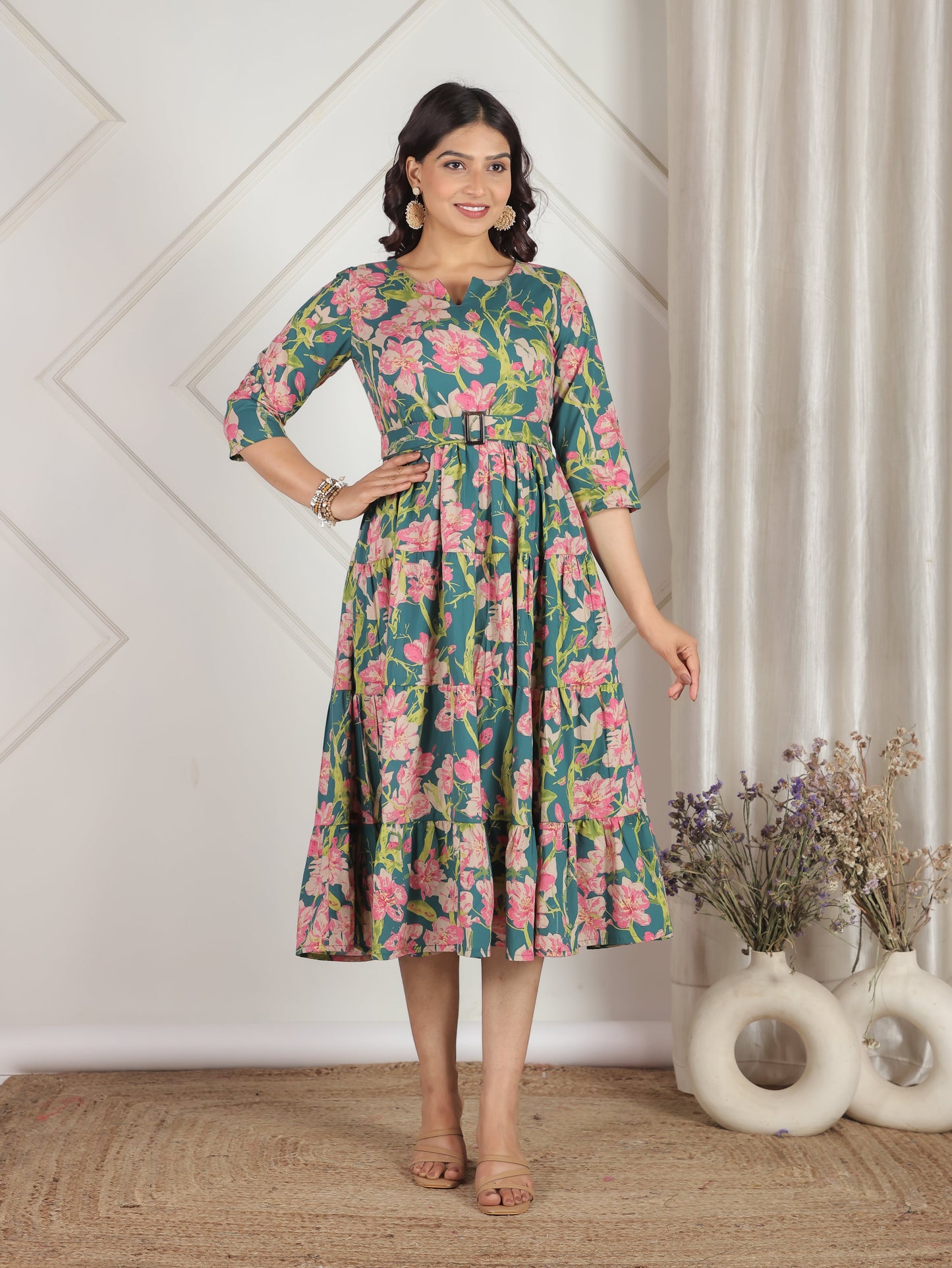 Soft Cotton Floral Anarkali Green Dress
