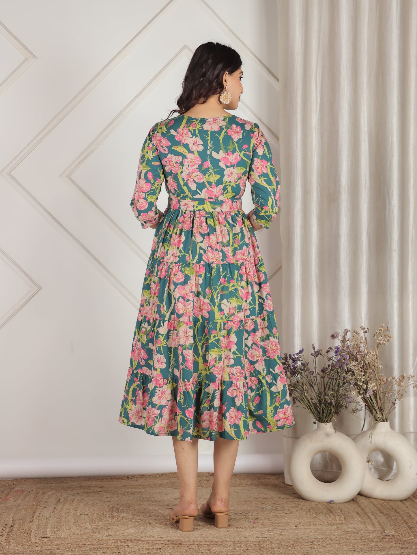 Soft Cotton Floral Anarkali Green Dress