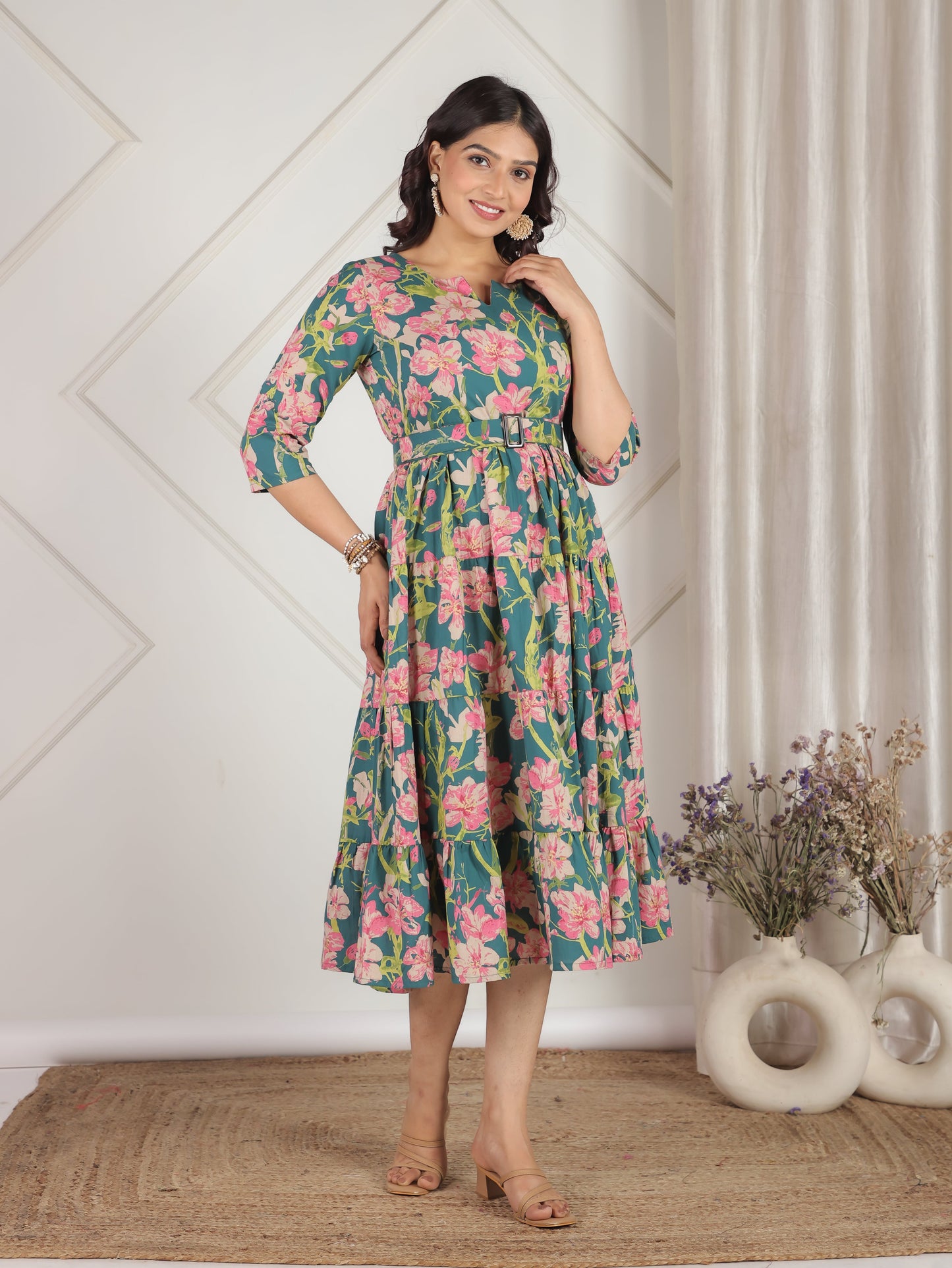 Soft Cotton Floral Anarkali Green Dress