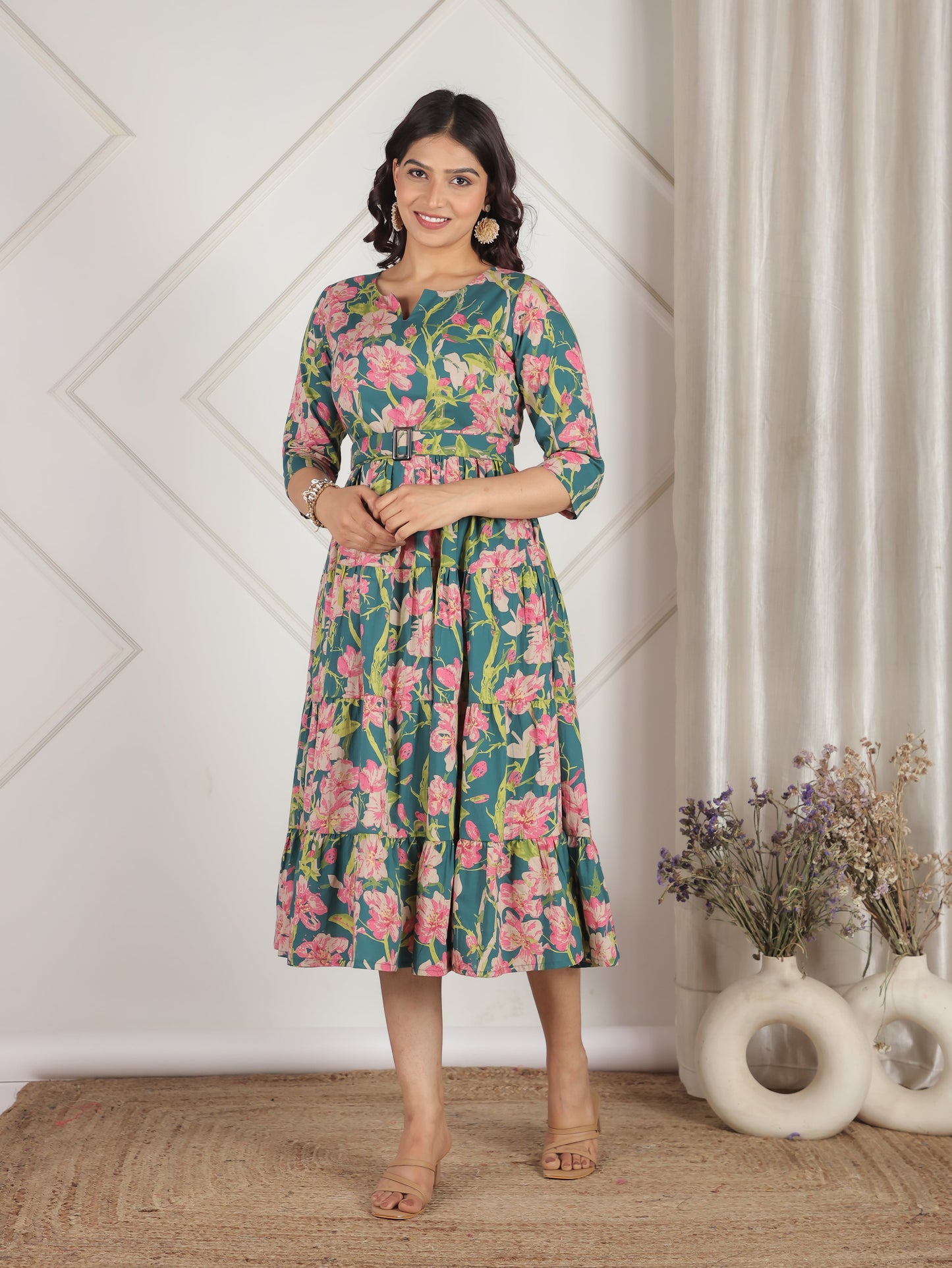 Soft Cotton Floral Anarkali Green Dress