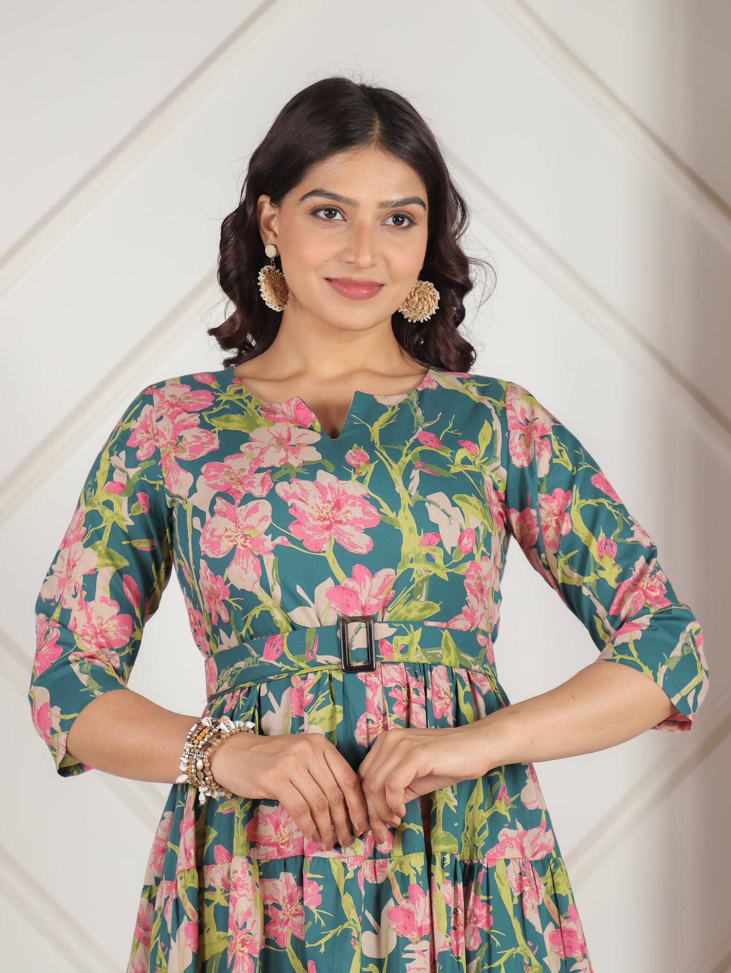 Soft Cotton Floral Anarkali Green Dress