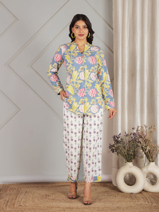 Soft Cotton Floral Straight Blue Top